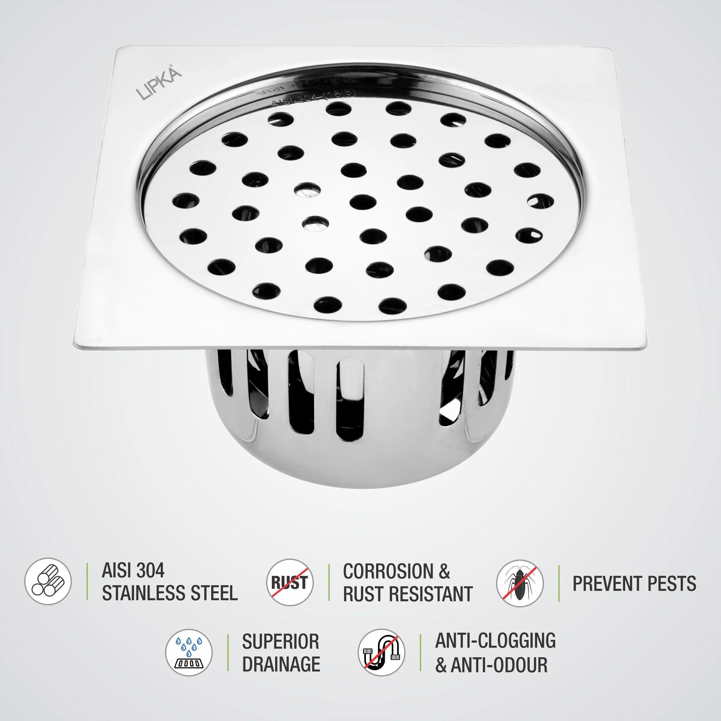 Square Flat Cut Floor Drain (5.5 x 5.5 Inches) with Cockroach Trap - LIPKA - Image 3