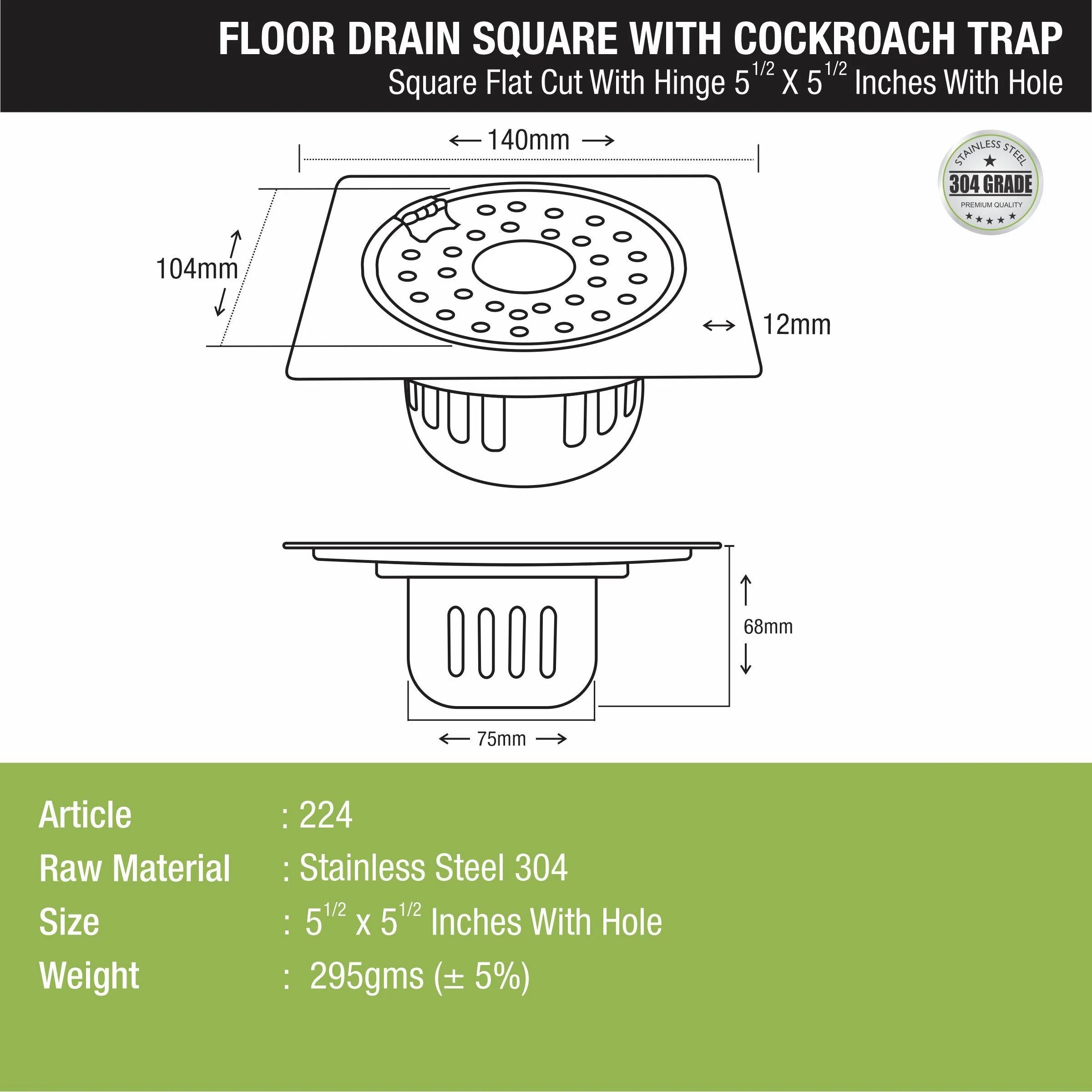 Square Flat Cut Floor Drain (5.5 x 5.5 Inches) with Hinge, Hole and Cockroach Trap - LIPKA - Image 2