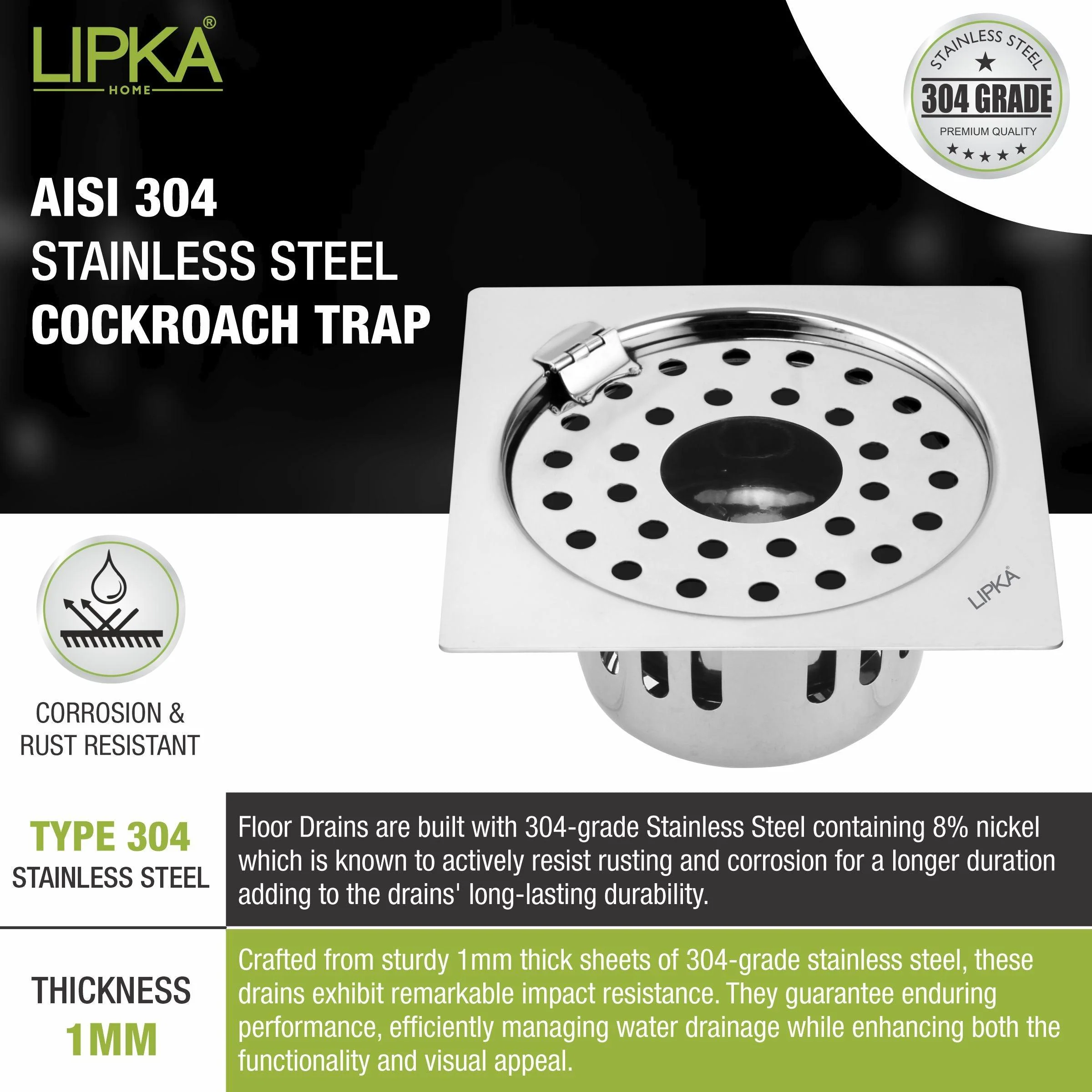 Square Flat Cut Floor Drain (5.5 x 5.5 Inches) with Hinge, Hole and Cockroach Trap - LIPKA - Image 4