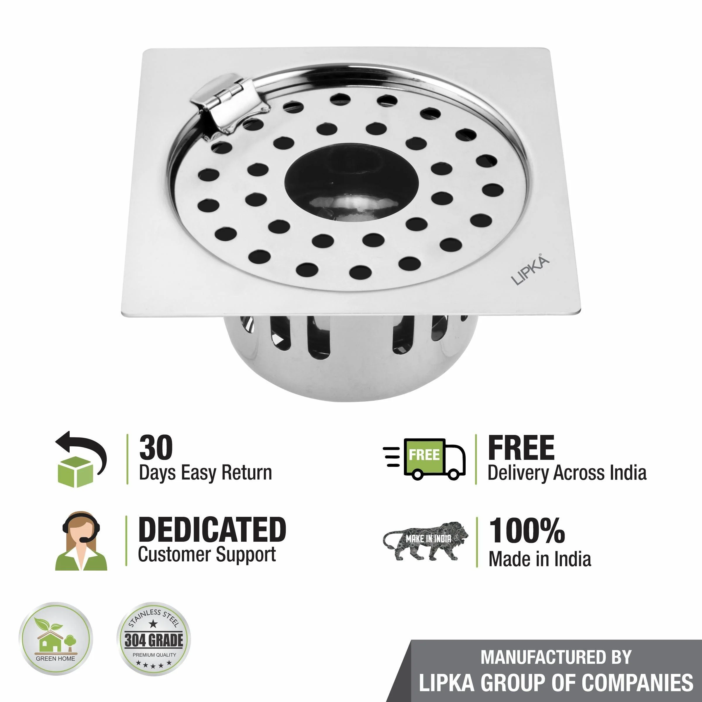 Square Flat Cut Floor Drain (5.5 x 5.5 Inches) with Hinge, Hole and Cockroach Trap - LIPKA - Image 5