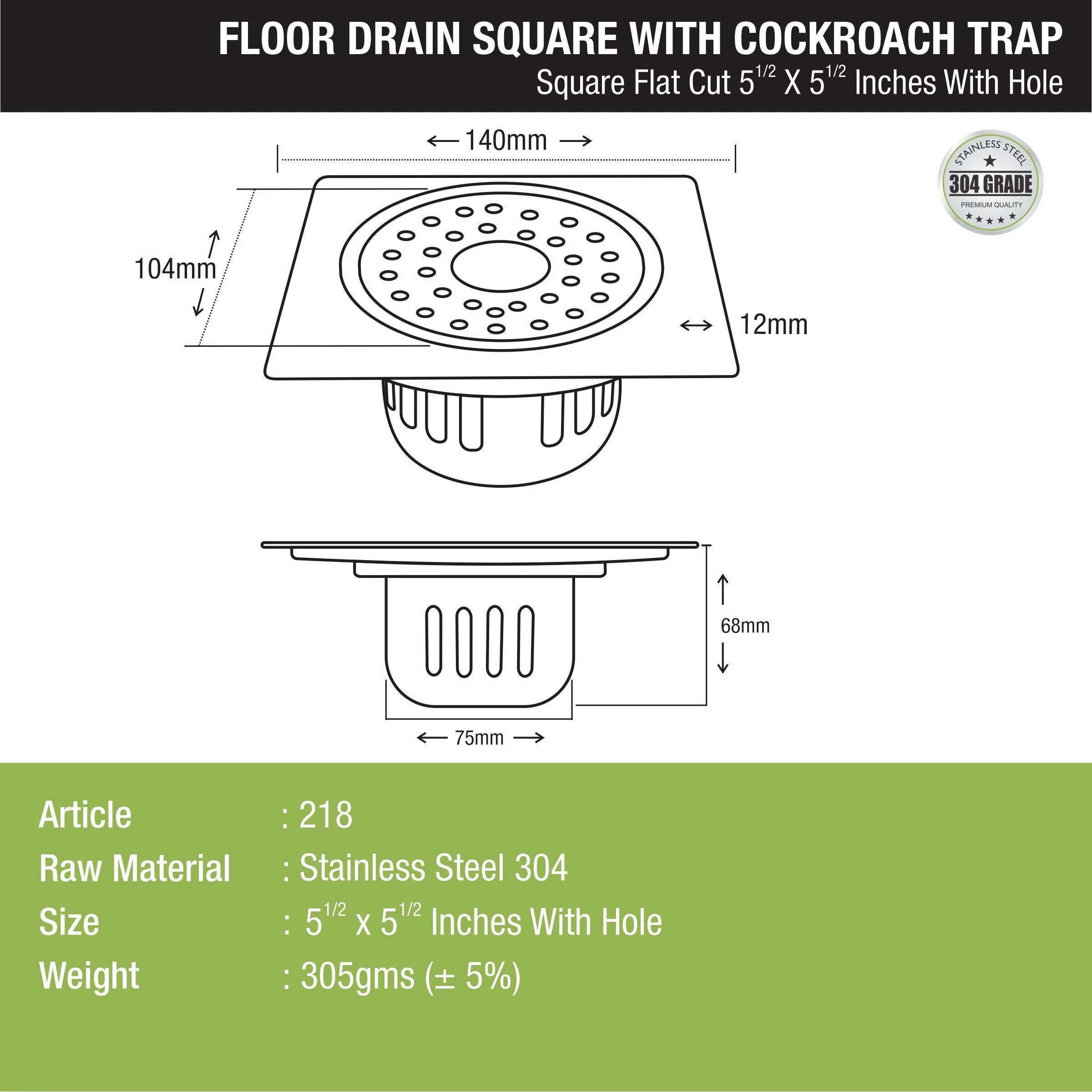 Square Flat Cut Floor Drain (5.5 x 5.5 Inches) with Hole and Cockroach Trap - LIPKA - Image 2