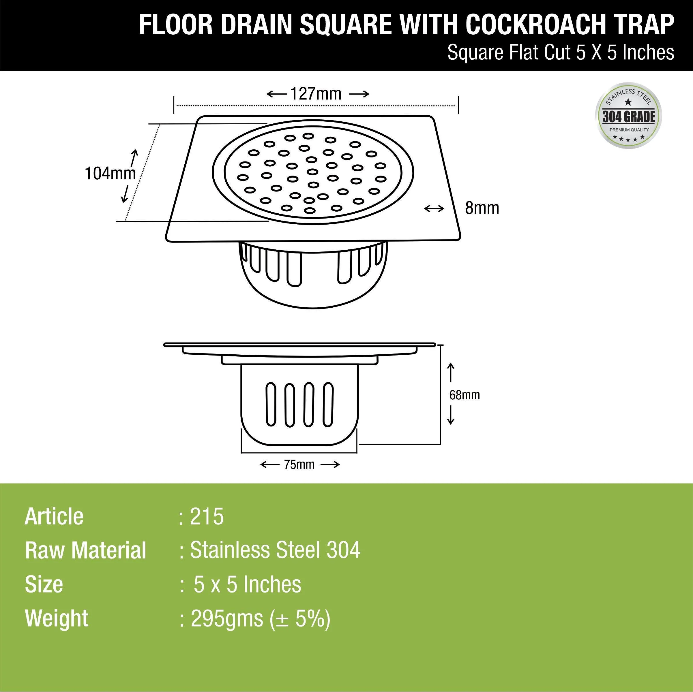 Square Flat Cut Floor Drain (5 x 5 Inches) with Cockroach Trap - LIPKA - Image 2