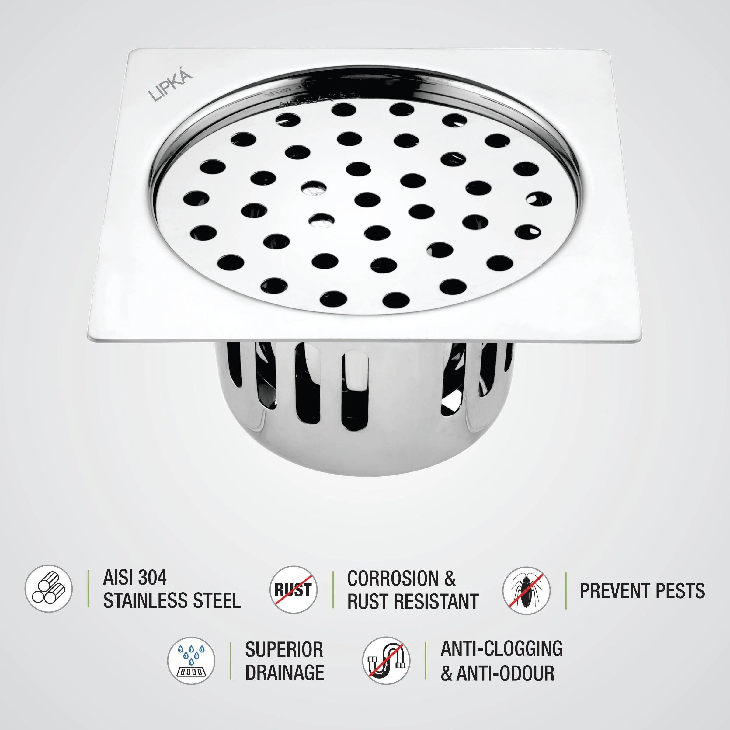 Square Flat Cut Floor Drain (5 x 5 Inches) with Cockroach Trap - LIPKA - Image 3