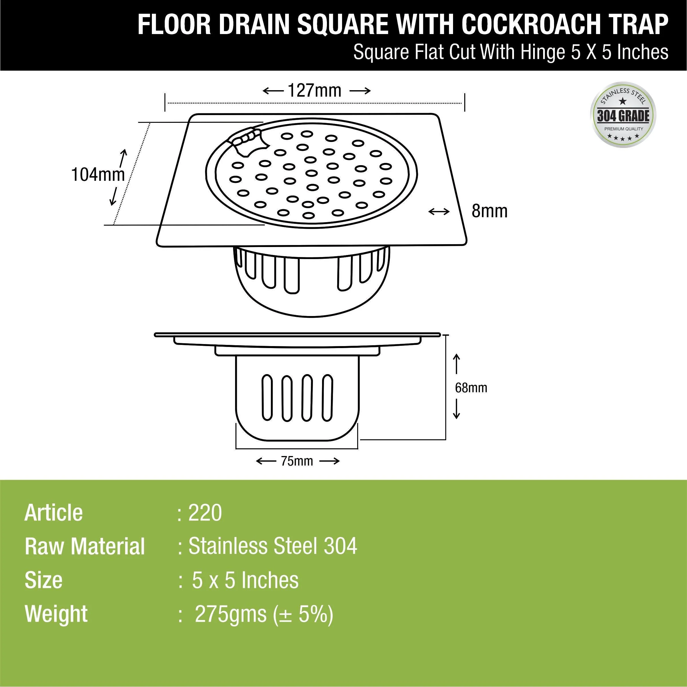 Square Flat Cut Floor Drain (5 x 5 Inches) with Hinge and Cockroach Trap - LIPKA - Image 2