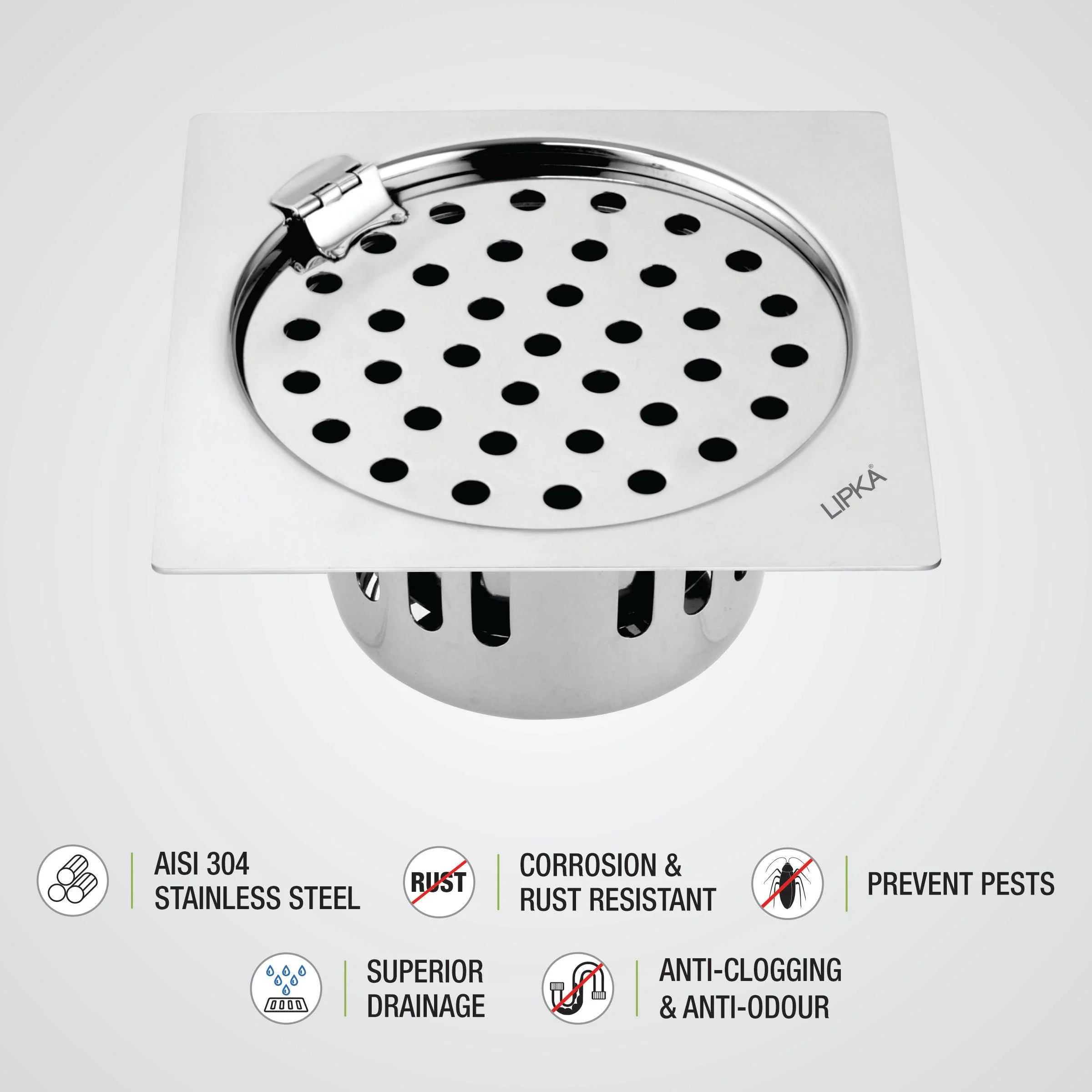 Square Flat Cut Floor Drain (5 x 5 Inches) with Hinge and Cockroach Trap - LIPKA - Image 3