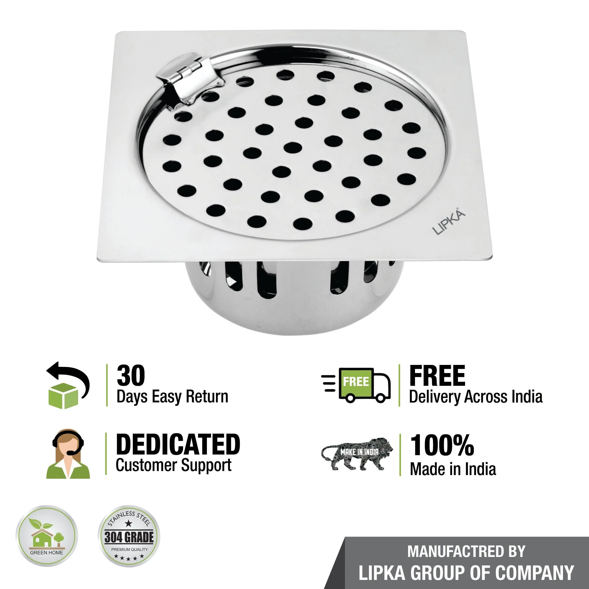 Square Flat Cut Floor Drain (5 x 5 Inches) with Hinge and Cockroach Trap - LIPKA - Image 4