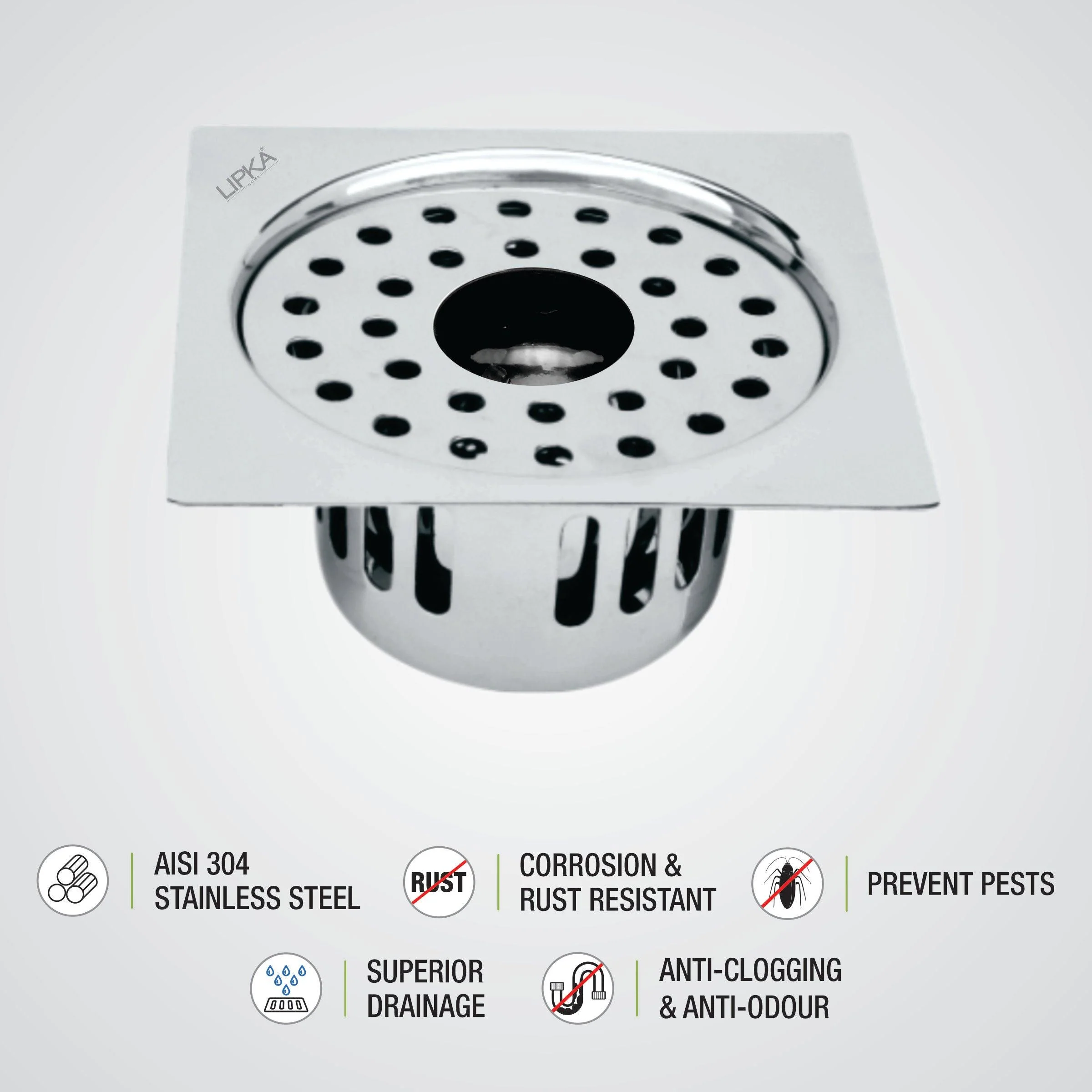Square Flat Cut Floor Drain (5 x 5 Inches) with Hole and Cockroach Trap - LIPKA - Image 3
