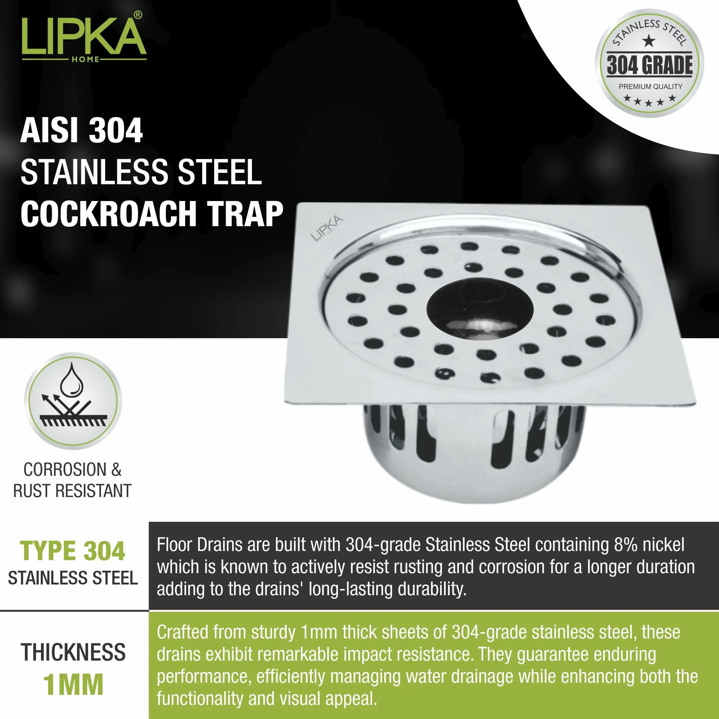 Square Flat Cut Floor Drain (5 x 5 Inches) with Hole and Cockroach Trap - LIPKA - Image 4