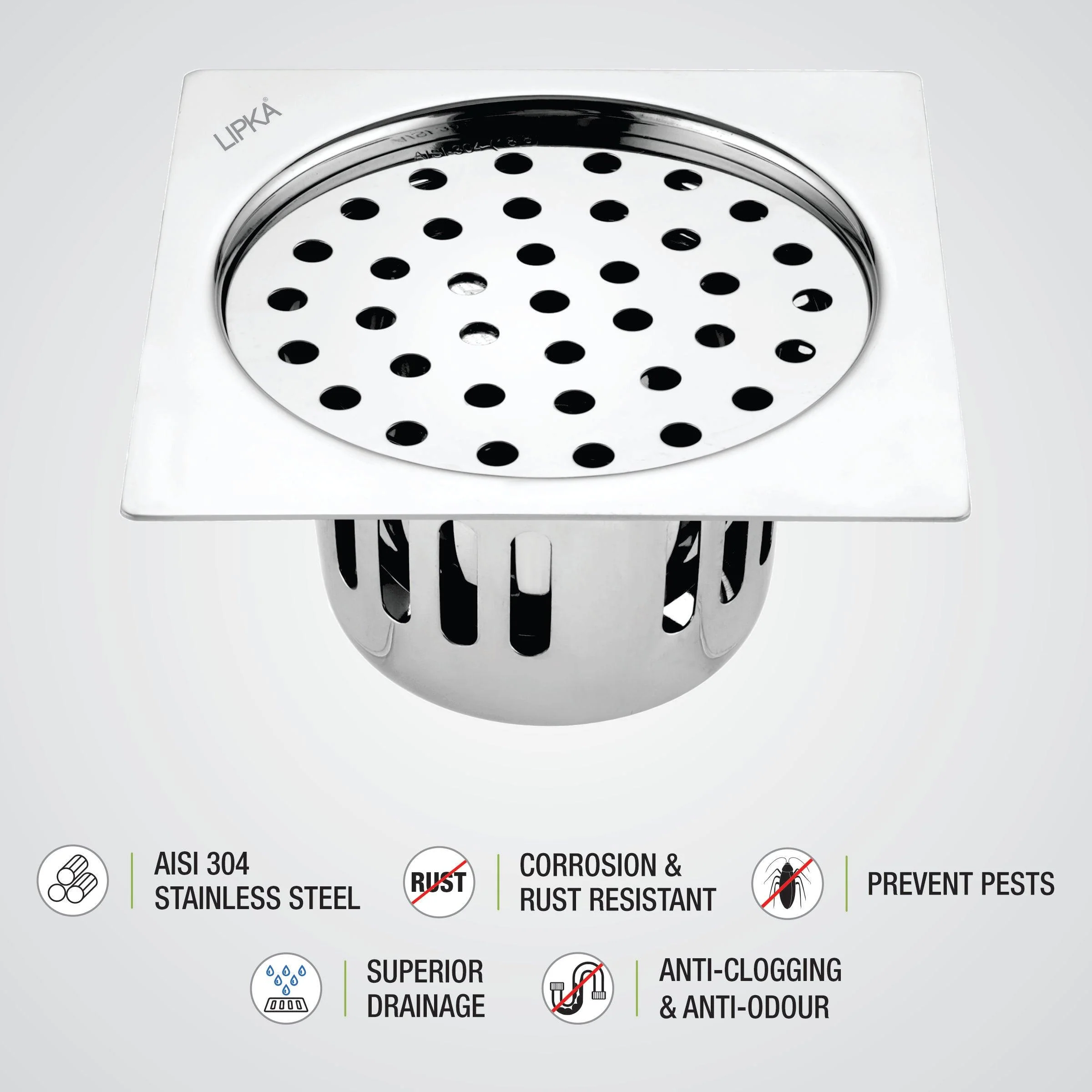 Square Flat Cut Floor Drain (6 x 6 Inches) with Cockroach Trap - LIPKA - Image 3