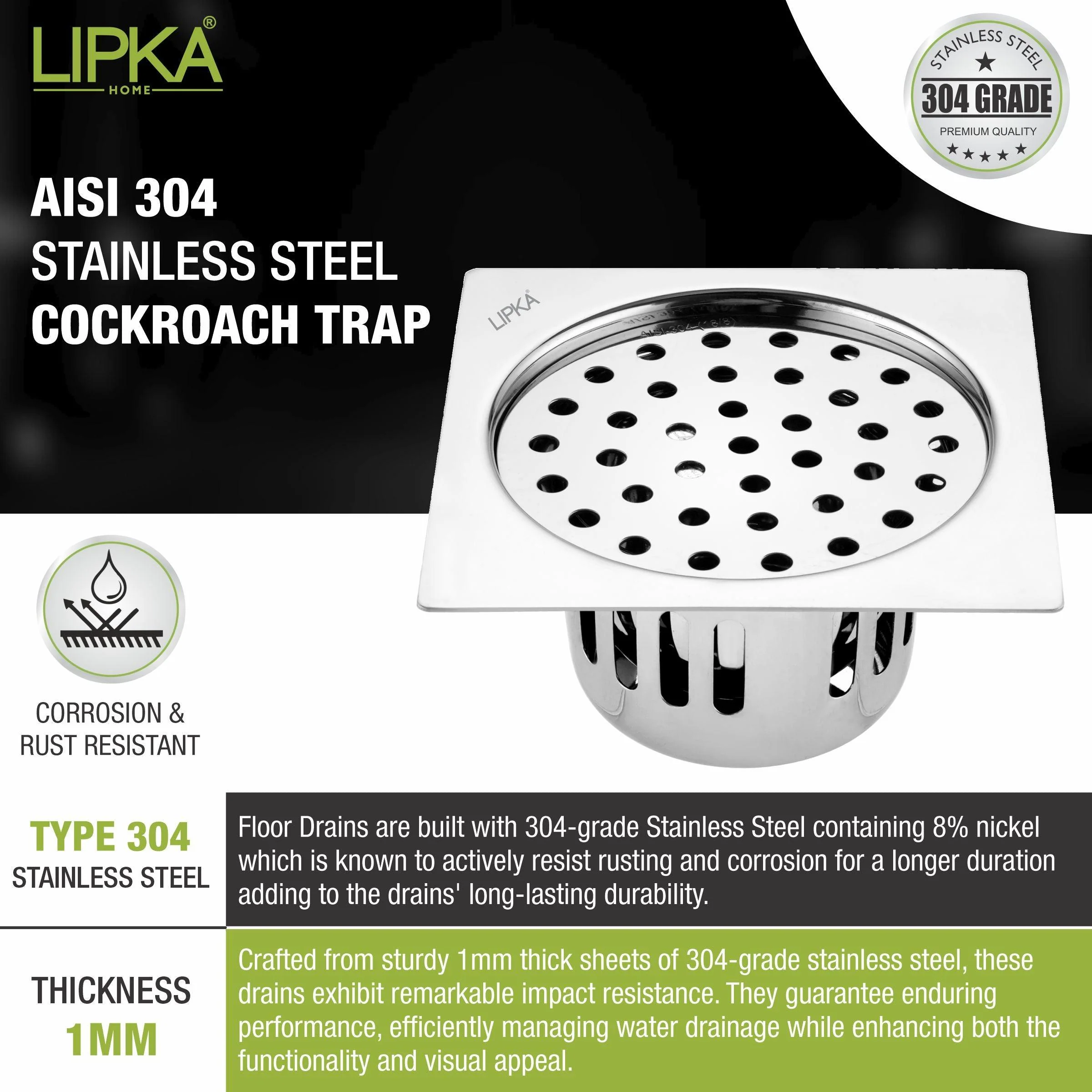 Square Flat Cut Floor Drain (6 x 6 Inches) with Cockroach Trap - LIPKA - Image 4