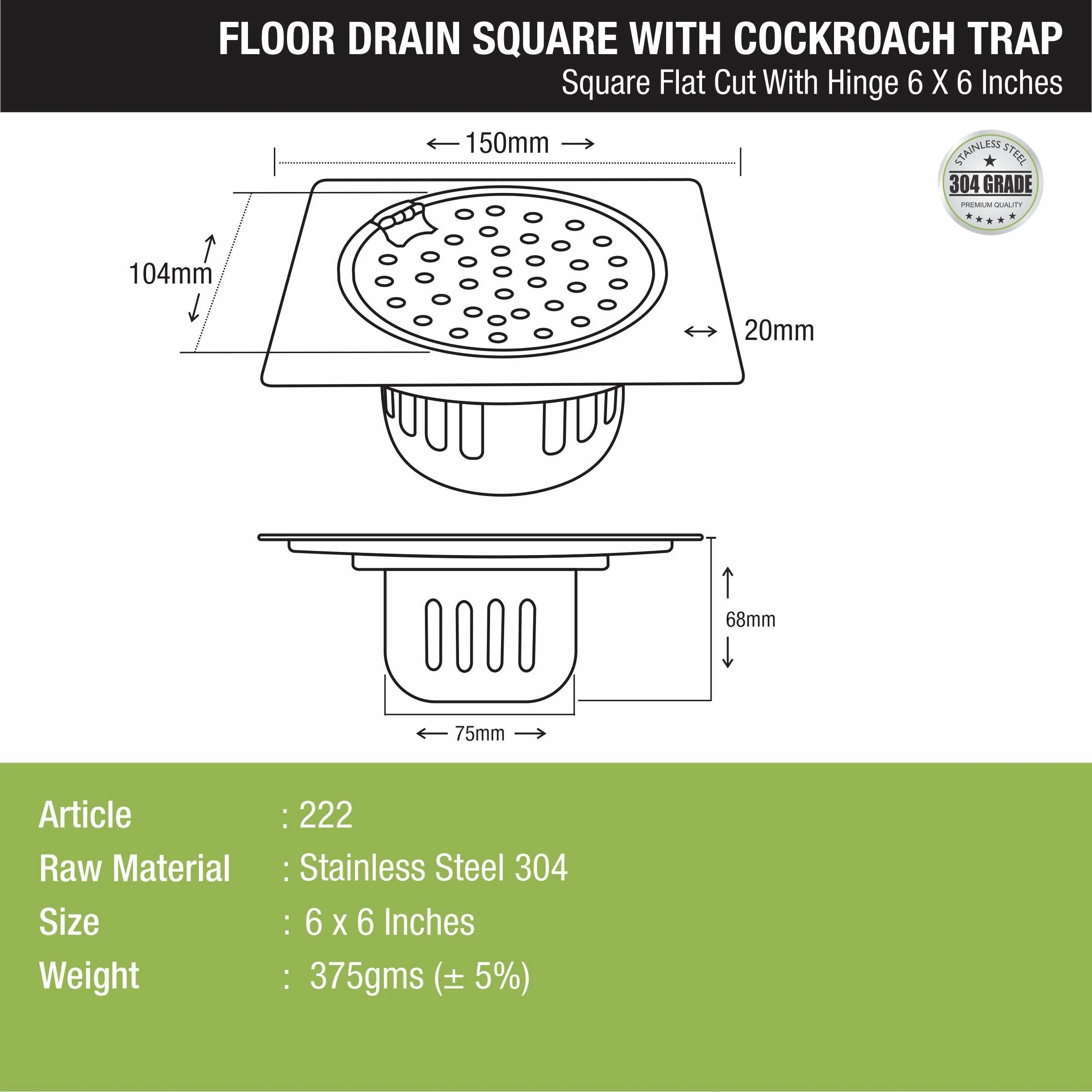Square Flat Cut Floor Drain (6 x 6 Inches) with Hinge and Cockroach Trap - LIPKA - Image 2