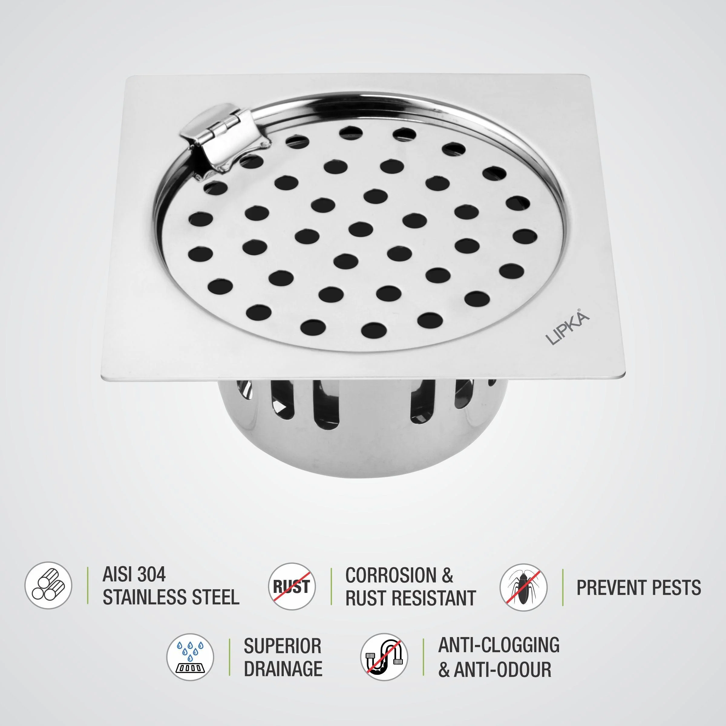 Square Flat Cut Floor Drain (6 x 6 Inches) with Hinge and Cockroach Trap - LIPKA - Image 3
