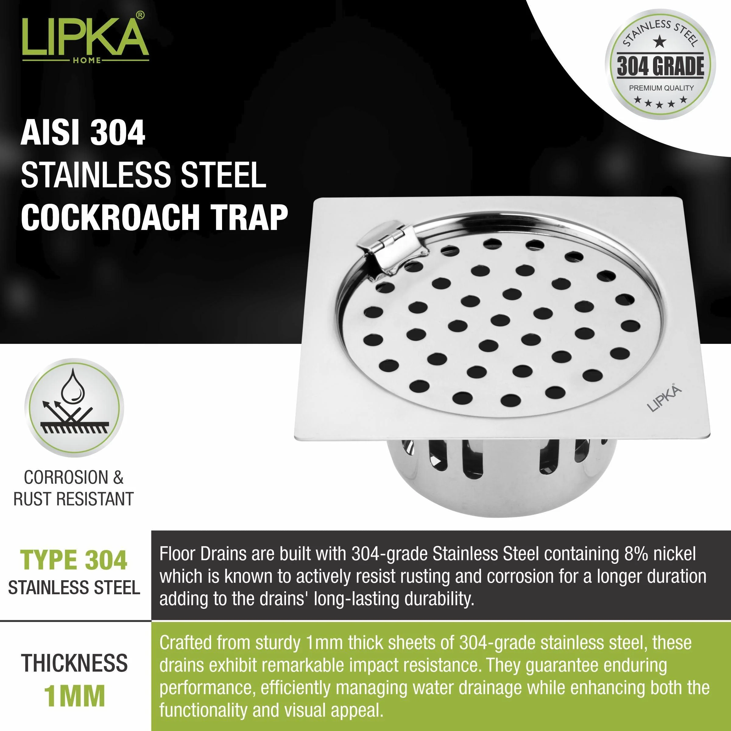Square Flat Cut Floor Drain (6 x 6 Inches) with Hinge and Cockroach Trap - LIPKA - Image 4