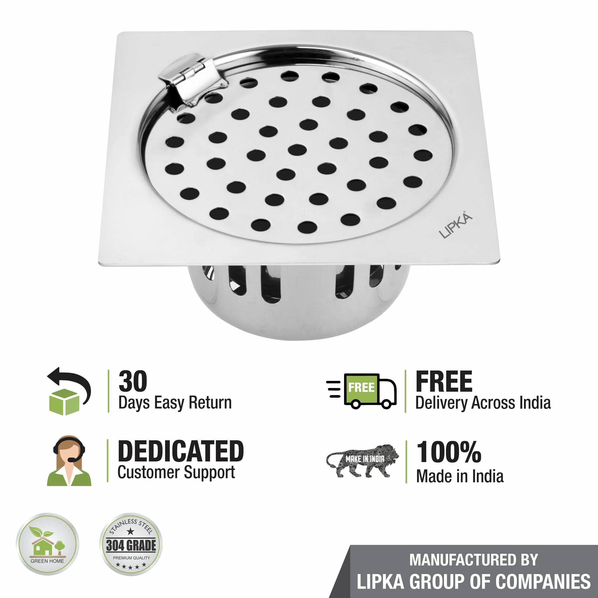 Square Flat Cut Floor Drain (6 x 6 Inches) with Hinge and Cockroach Trap - LIPKA - Image 5