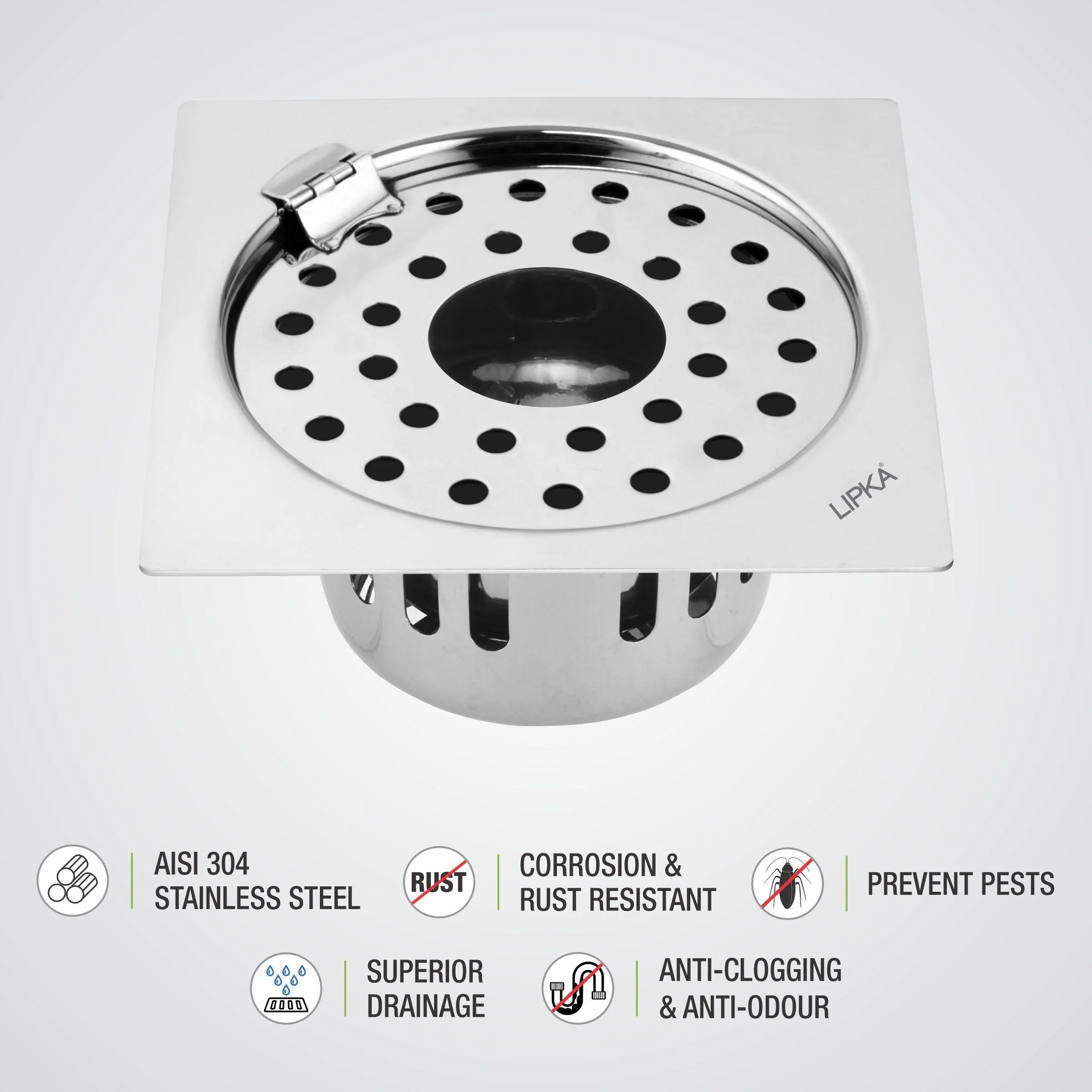 Square Flat Cut Floor Drain (6 x 6 Inches) with Hinge, Hole and Cockroach Trap - LIPKA - Image 3