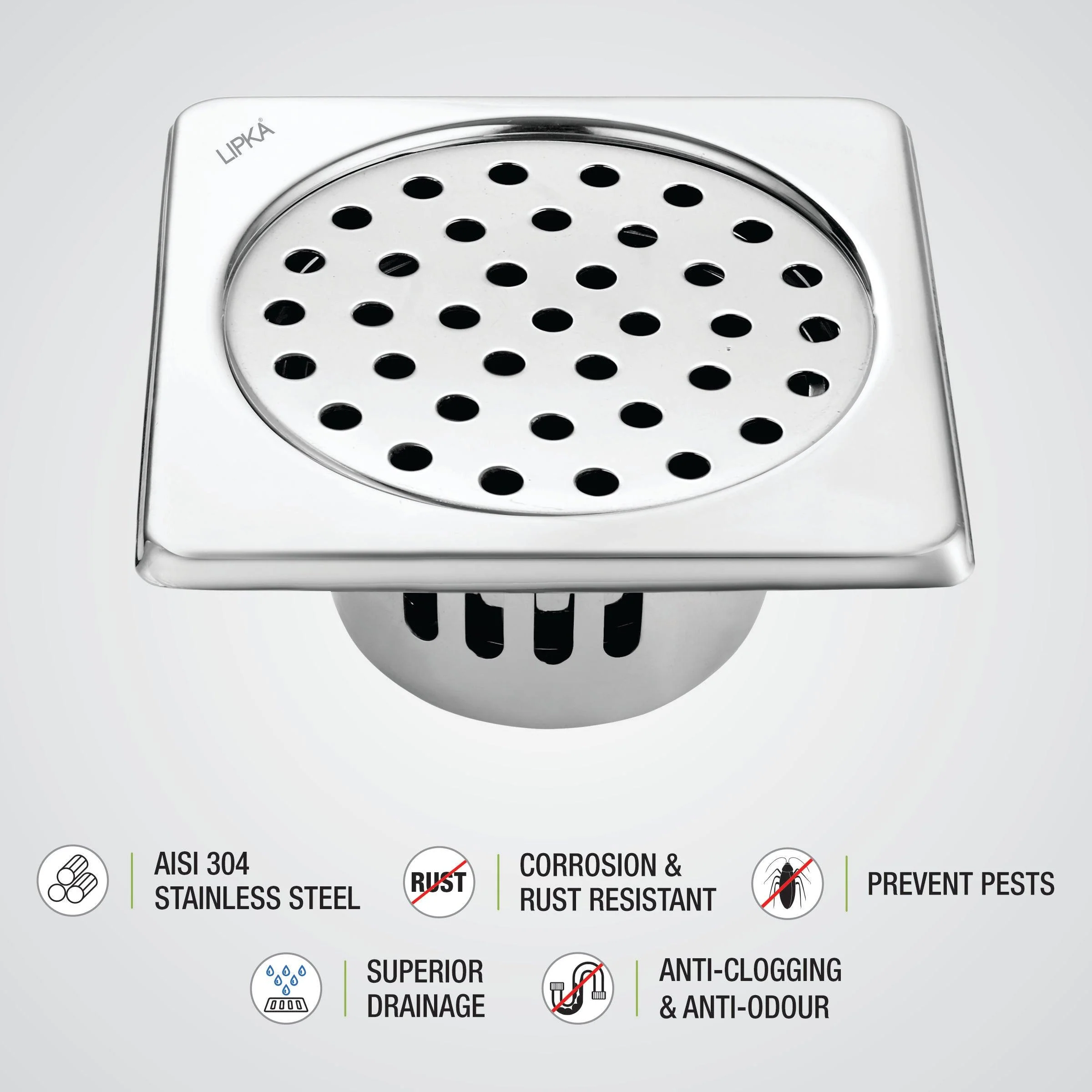 Square Floor Drain (5 x 5 Inches) with Cockroach Trap - LIPKA - Image 3