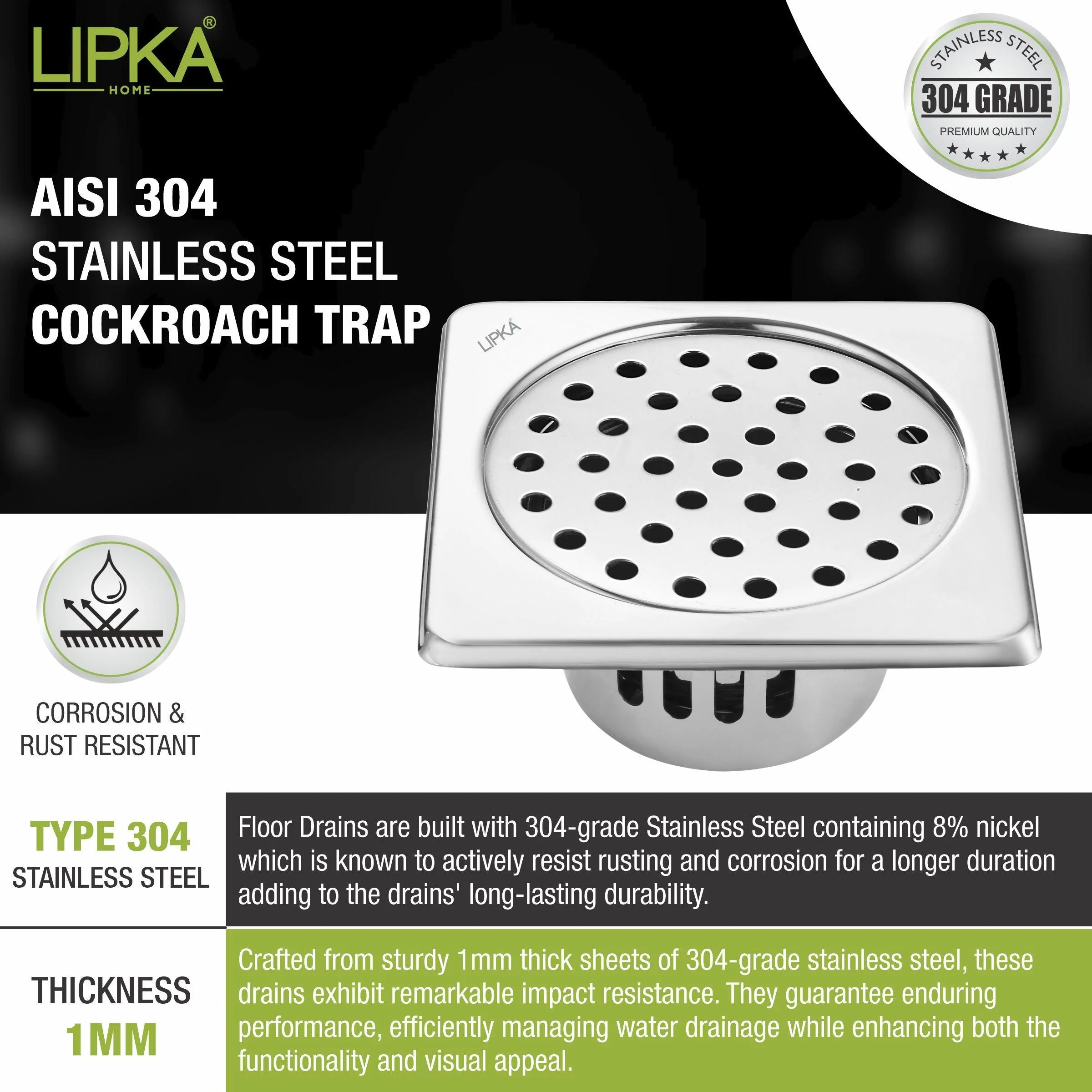Square Floor Drain (5 x 5 Inches) with Cockroach Trap - LIPKA - Image 4