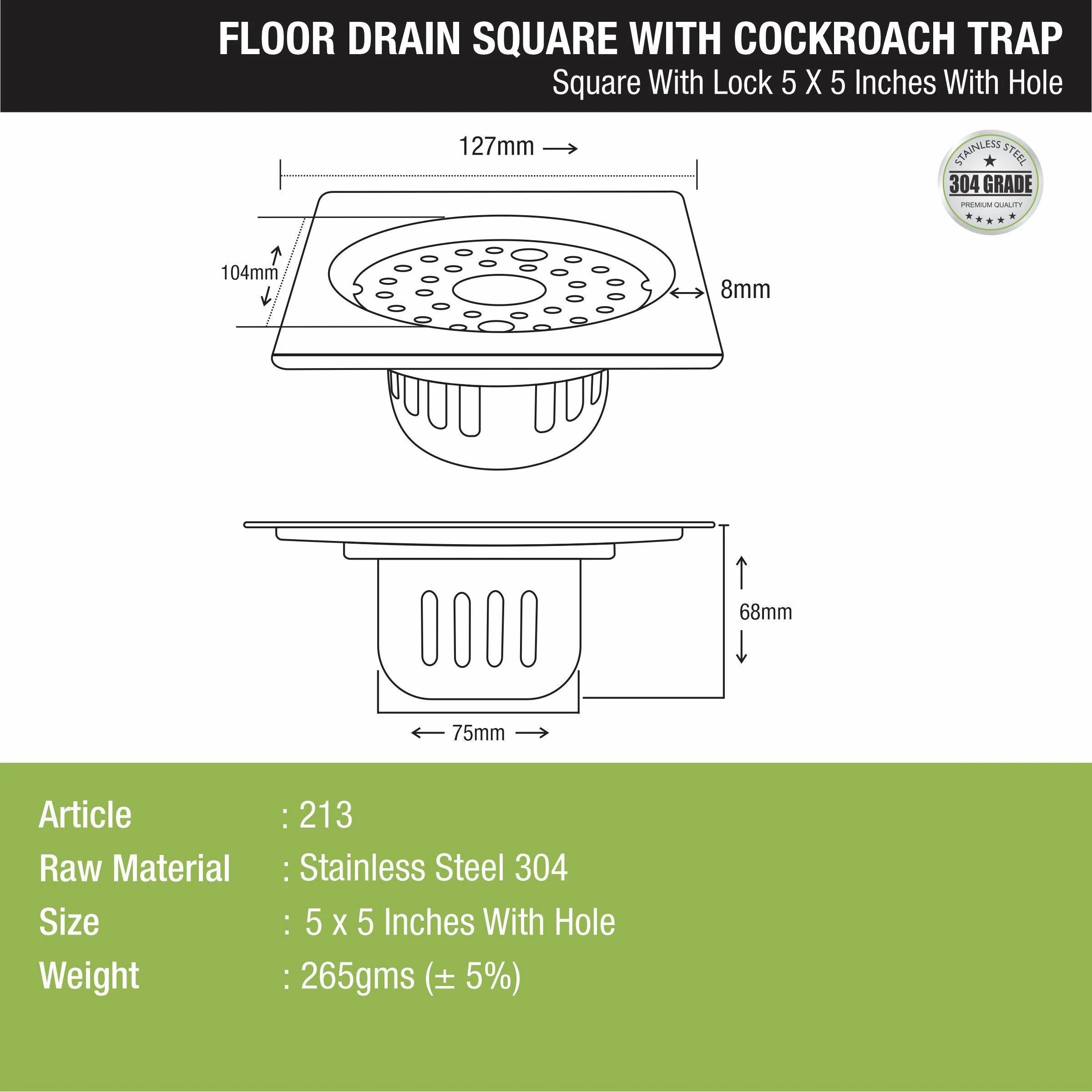 Square Floor Drain (5 x 5 Inches) with Lock, Hole  and Cockroach Trap - LIPKA - Image 2