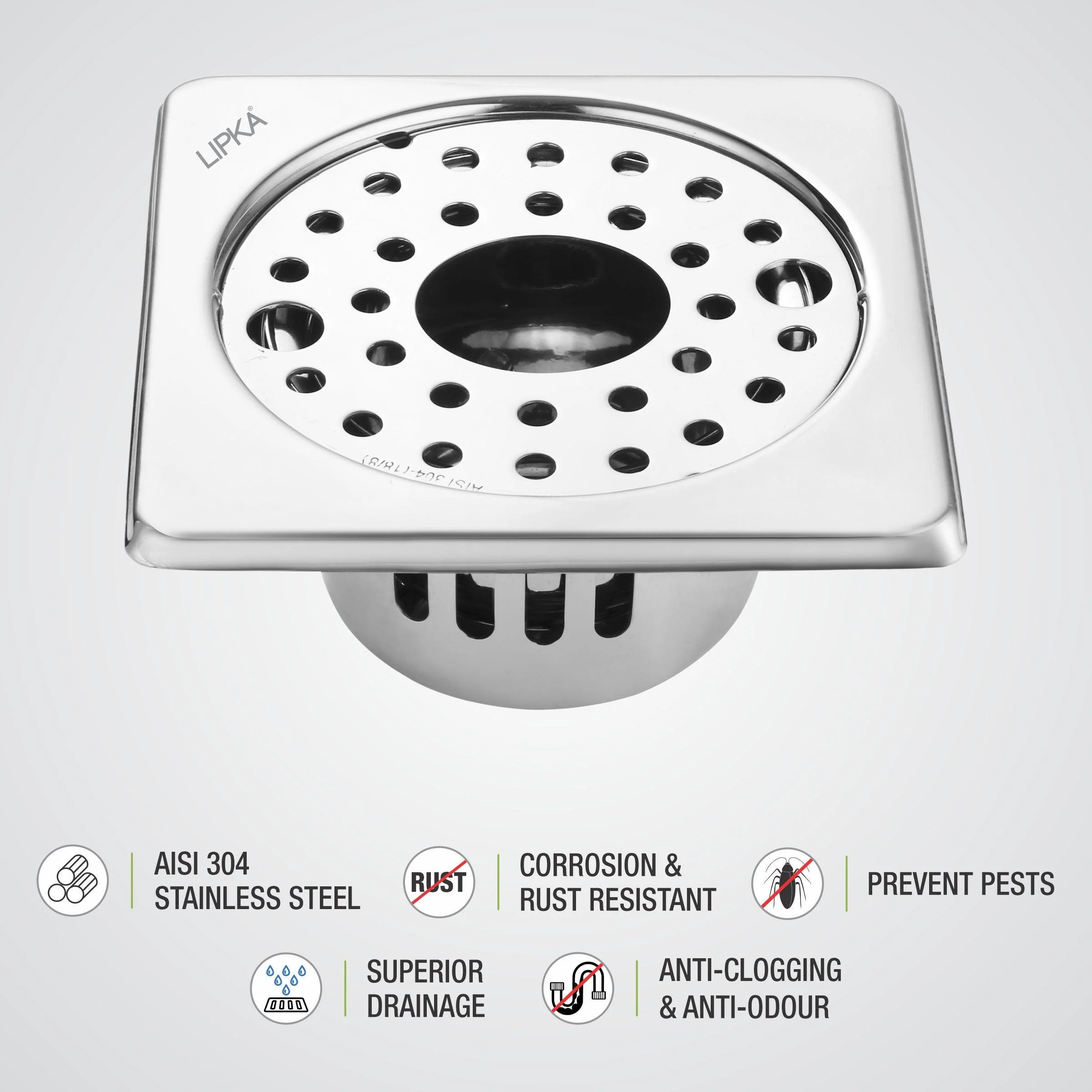 Square Floor Drain (5 x 5 Inches) with Lock, Hole  and Cockroach Trap - LIPKA - Image 3