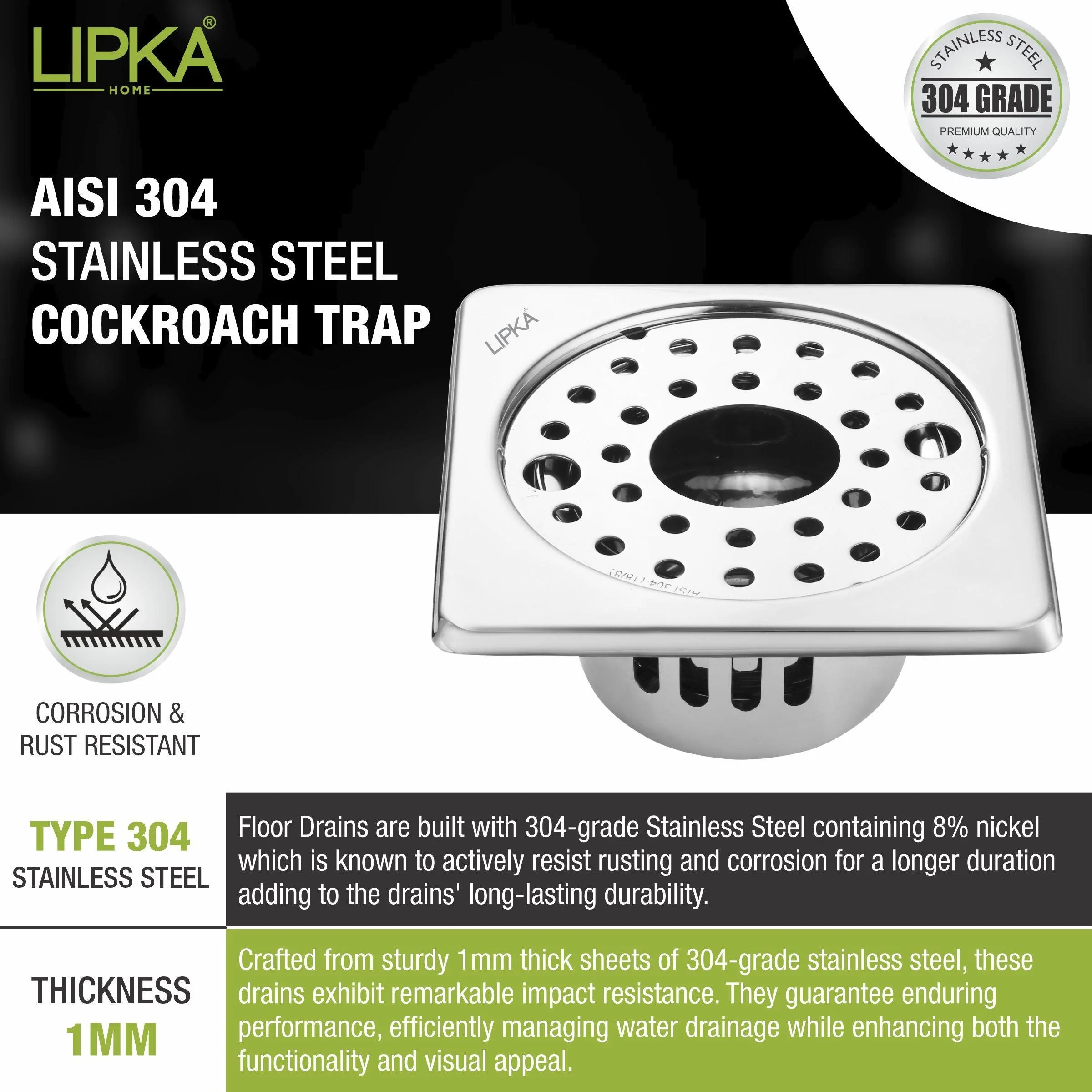 Square Floor Drain (5 x 5 Inches) with Lock, Hole  and Cockroach Trap - LIPKA - Image 4