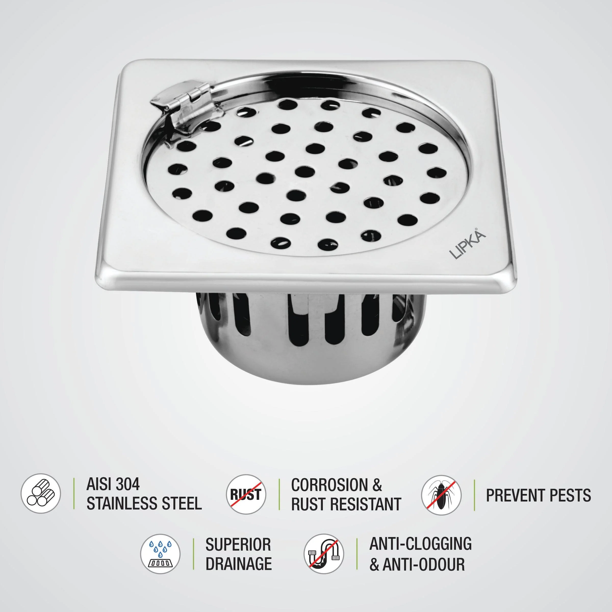Square Floor Drain (6 x 6 Inches) with Hinge and Cockroach Trap - LIPKA - Image 3