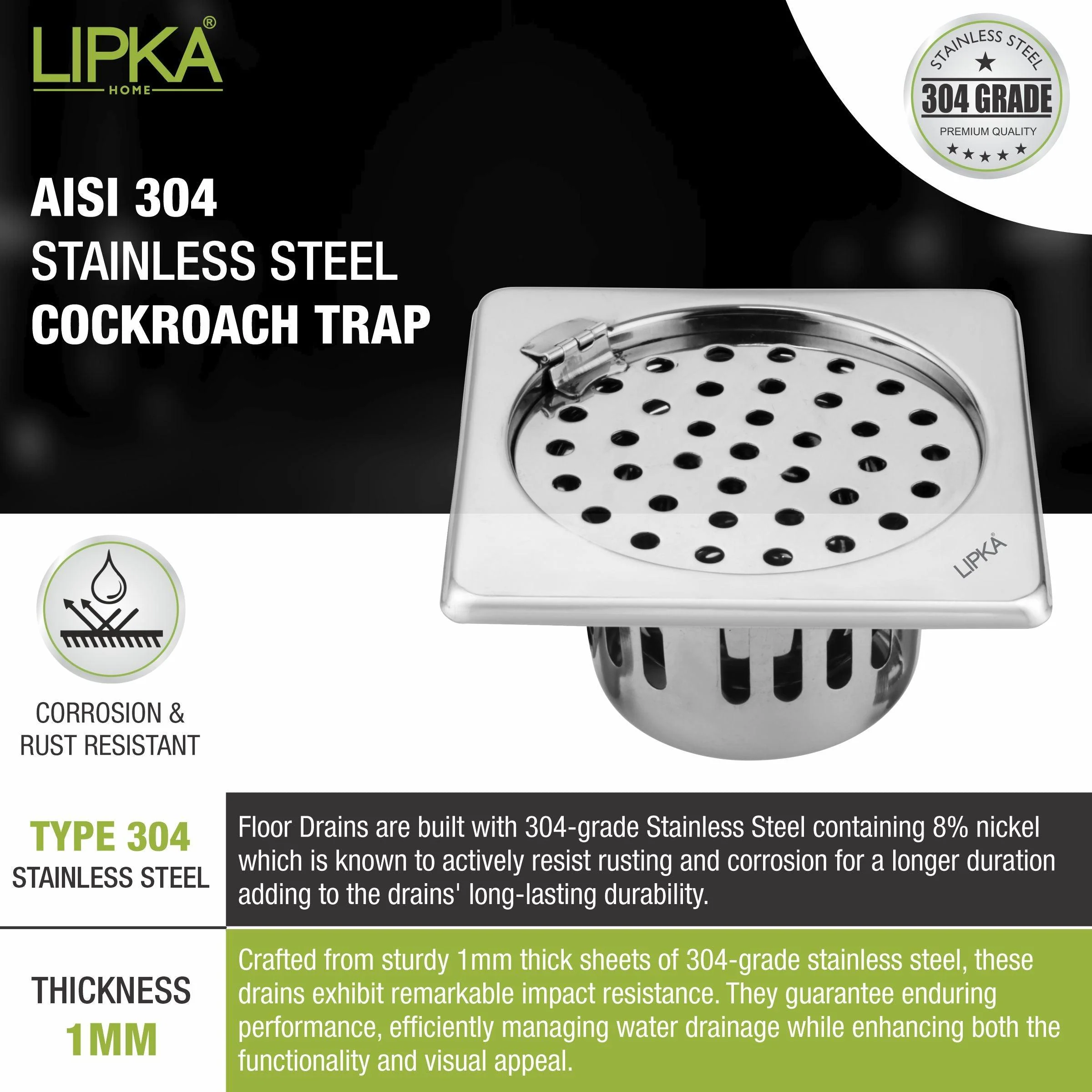 Square Floor Drain (6 x 6 Inches) with Hinge and Cockroach Trap - LIPKA - Image 4