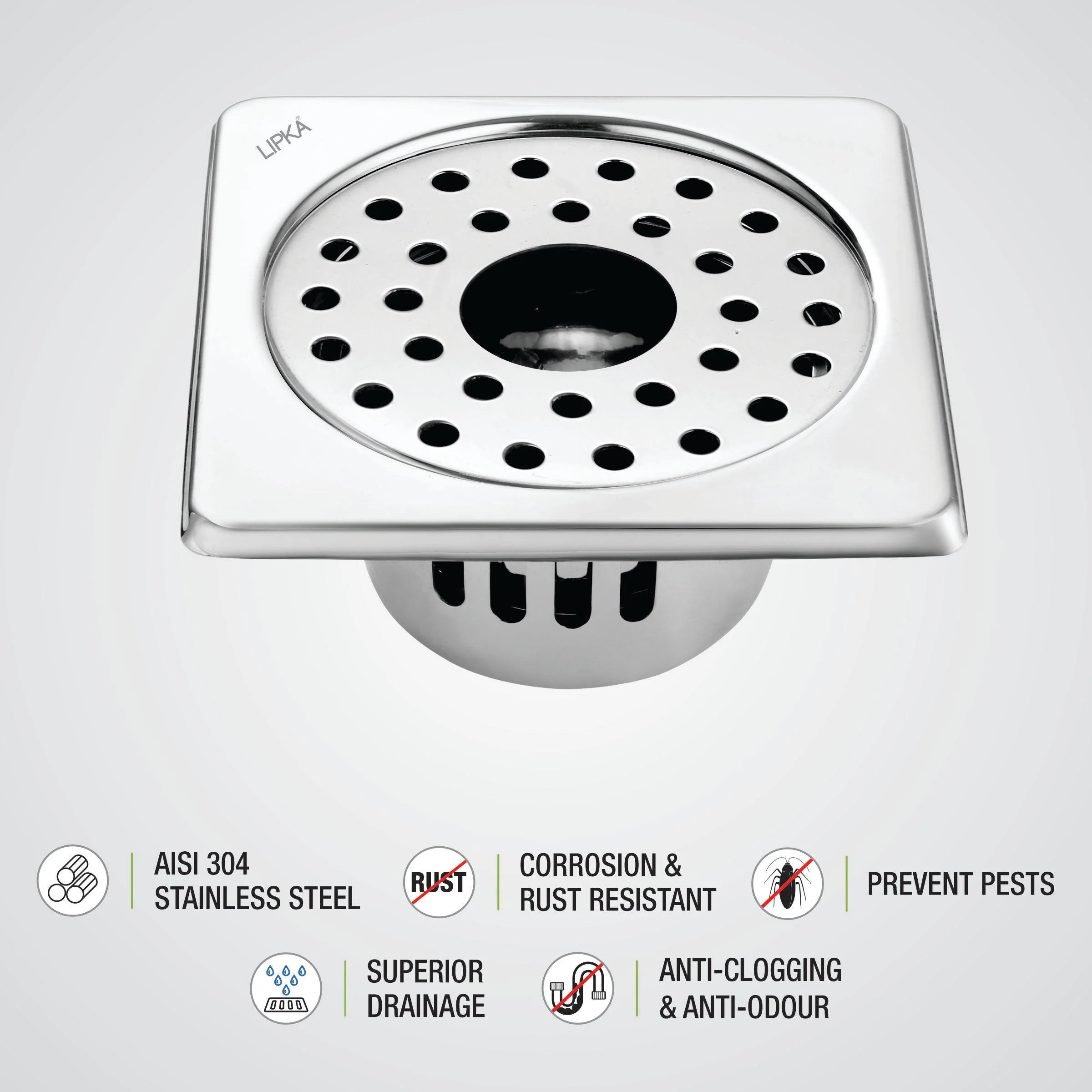Square Floor Drain (6 x 6 Inches) with Hole and Cockroach Trap - LIPKA - Image 3