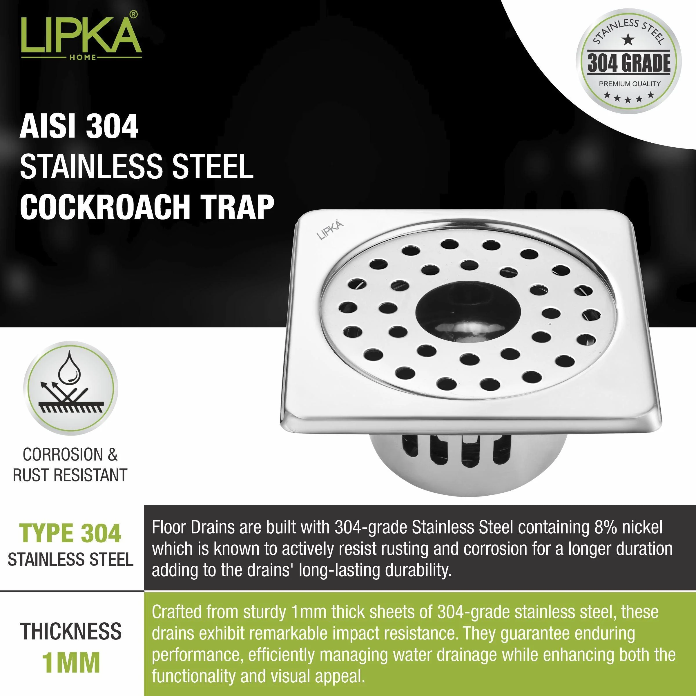 Square Floor Drain (6 x 6 Inches) with Hole and Cockroach Trap - LIPKA - Image 4