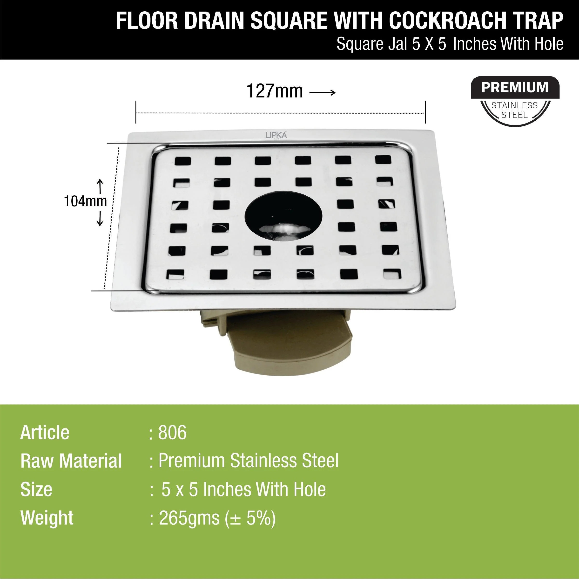 Square Jal Floor Drain (5 x 5 Inches) with Hole and Wide PVC Cockroach Trap - LIPKA - Image 2
