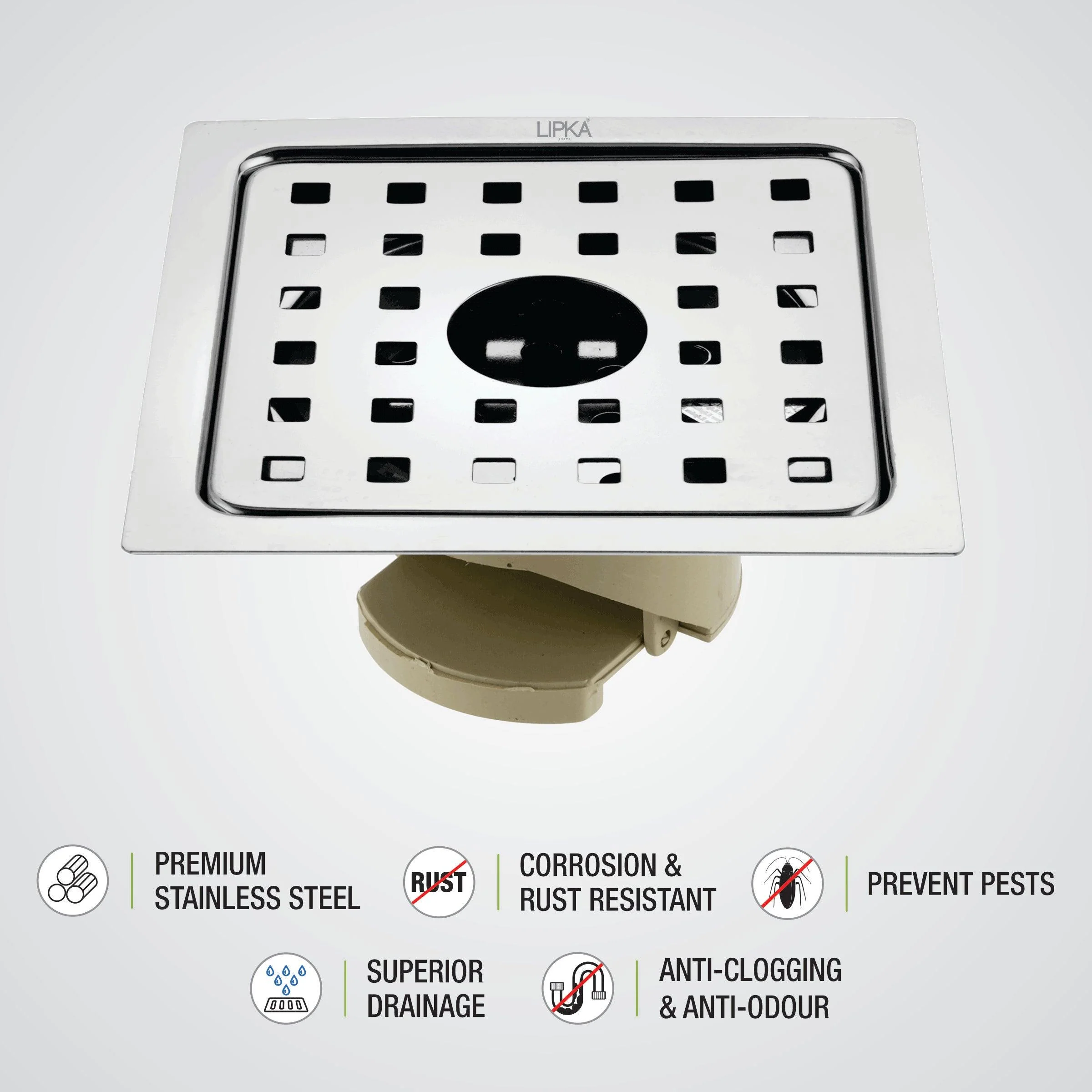 Square Jal Floor Drain (5 x 5 Inches) with Hole and Wide PVC Cockroach Trap - LIPKA - Image 3