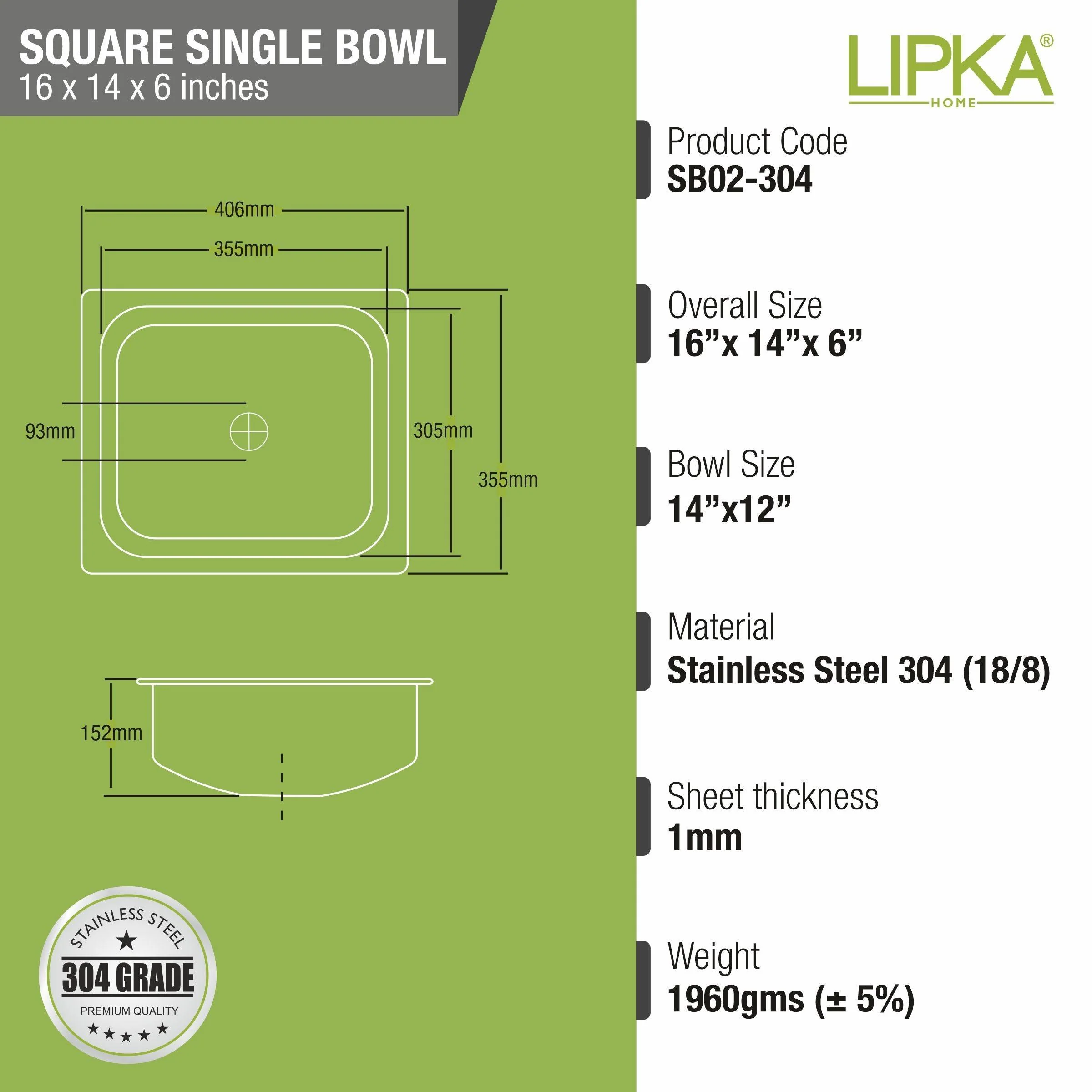 Square Single Bowl 304-Grade Kitchen Sink (16 x 14 x 6 Inches) - LIPKA - Image 2