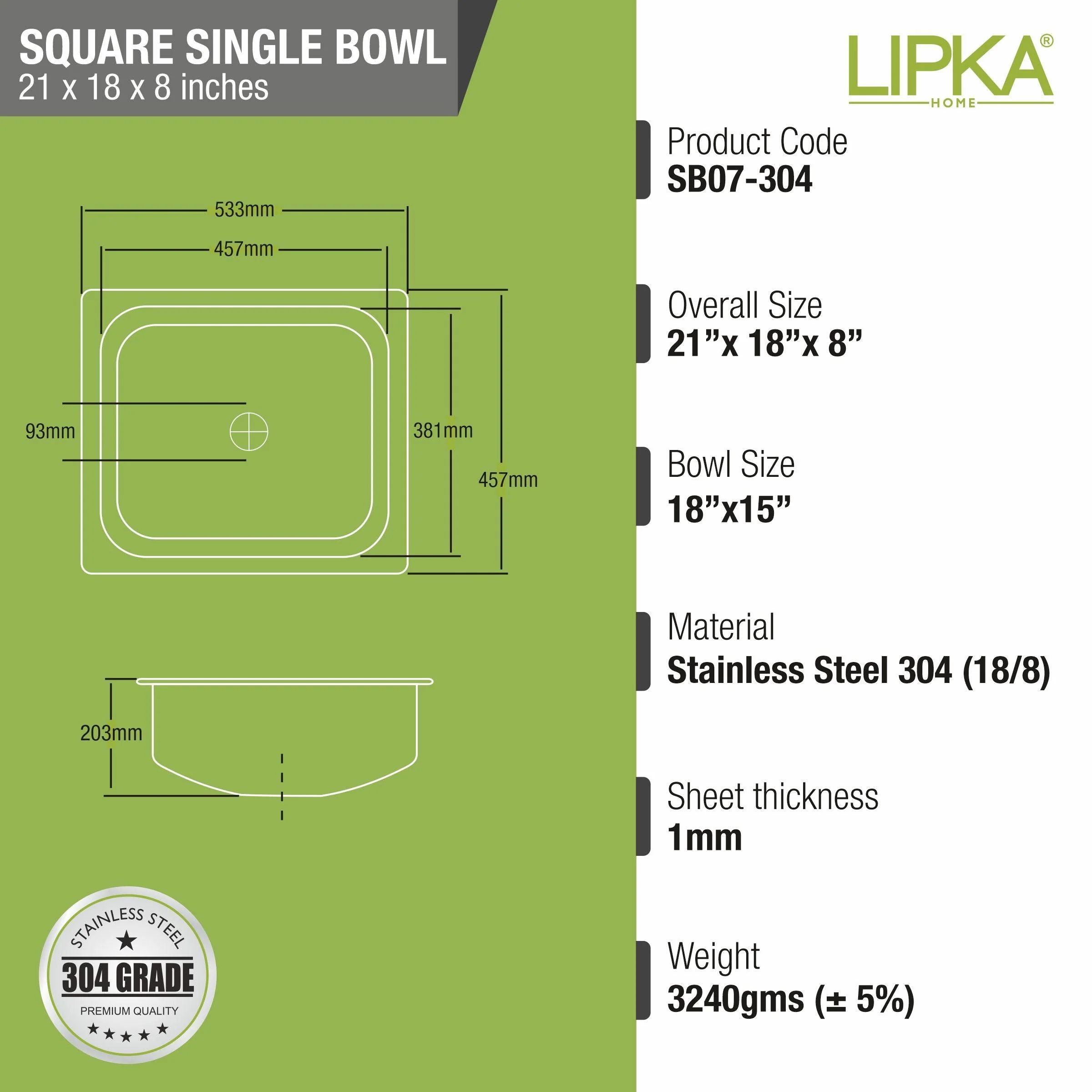 Square Single Bowl 304-Grade Kitchen Sink (21 x 18 x 8 Inches) - LIPKA - Image 2