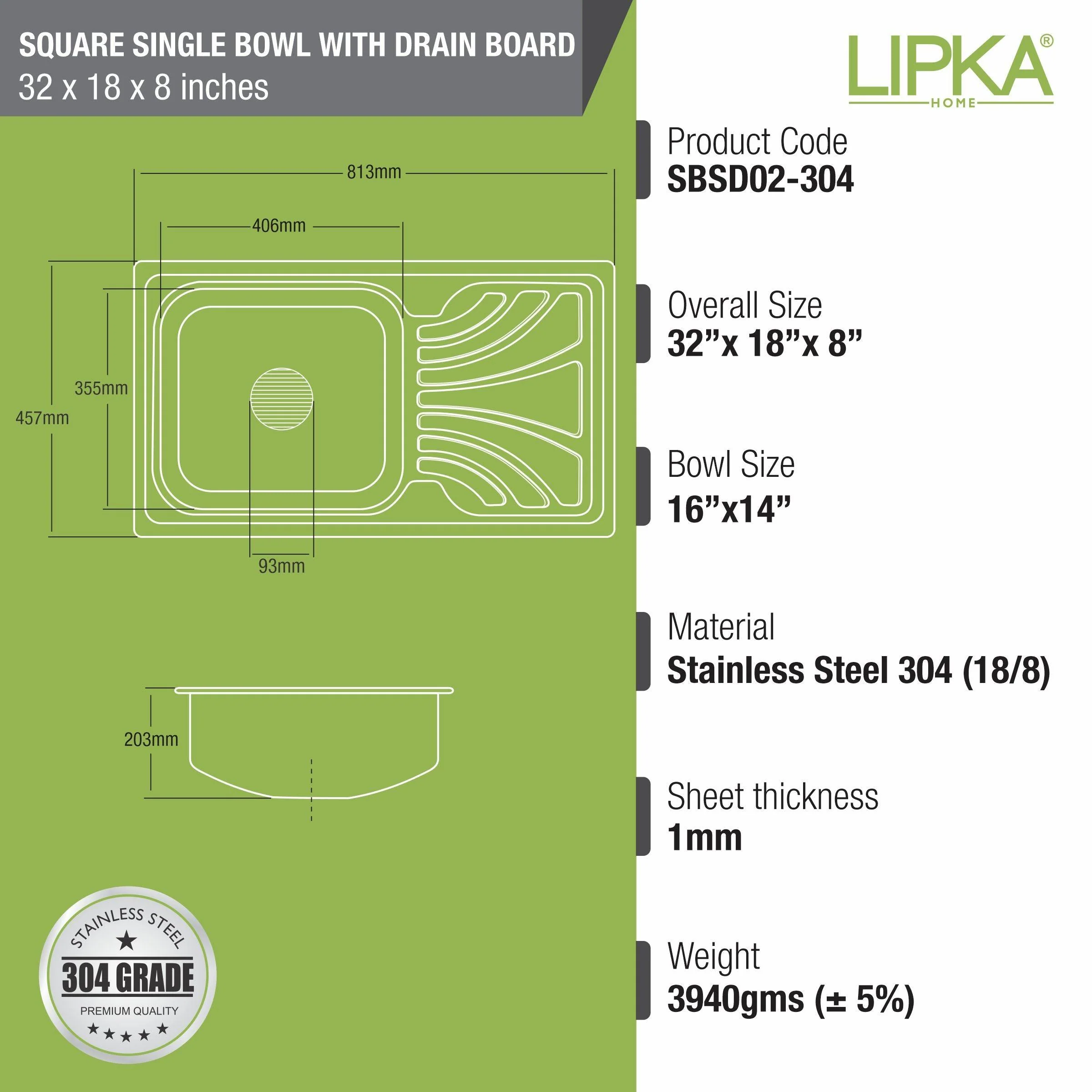 Square Single Bowl 304-Grade Kitchen Sink with Drainboard (32 x 18 x 8 Inches) - LIPKA - Image 2
