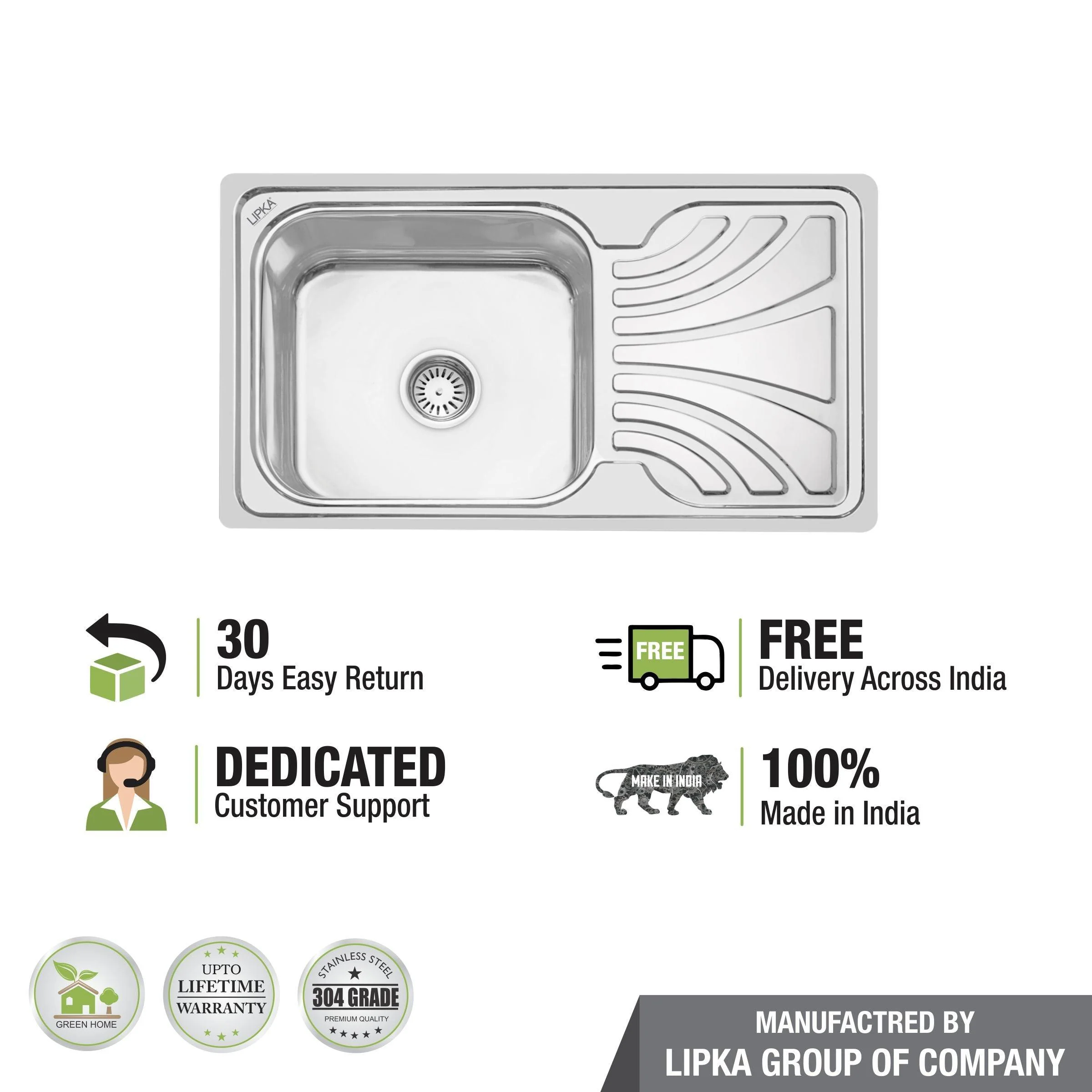 Square Single Bowl 304-Grade Kitchen Sink with Drainboard (32 x 18 x 8 Inches) - LIPKA - Image 4