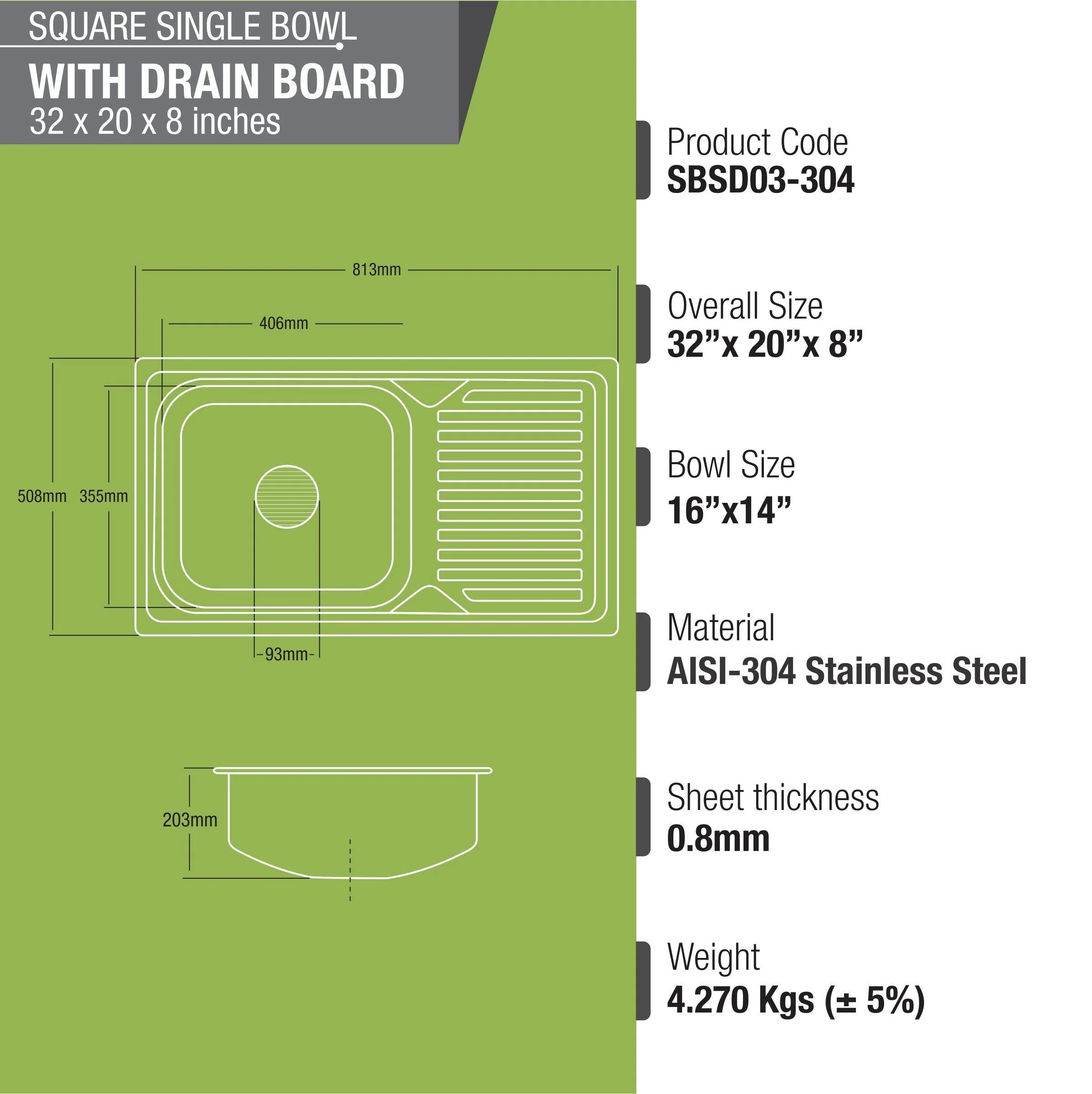 Square Single Bowl 304-Grade Kitchen Sink with Drainboard (32 x 20 x 8 Inches) - LIPKA - Image 3