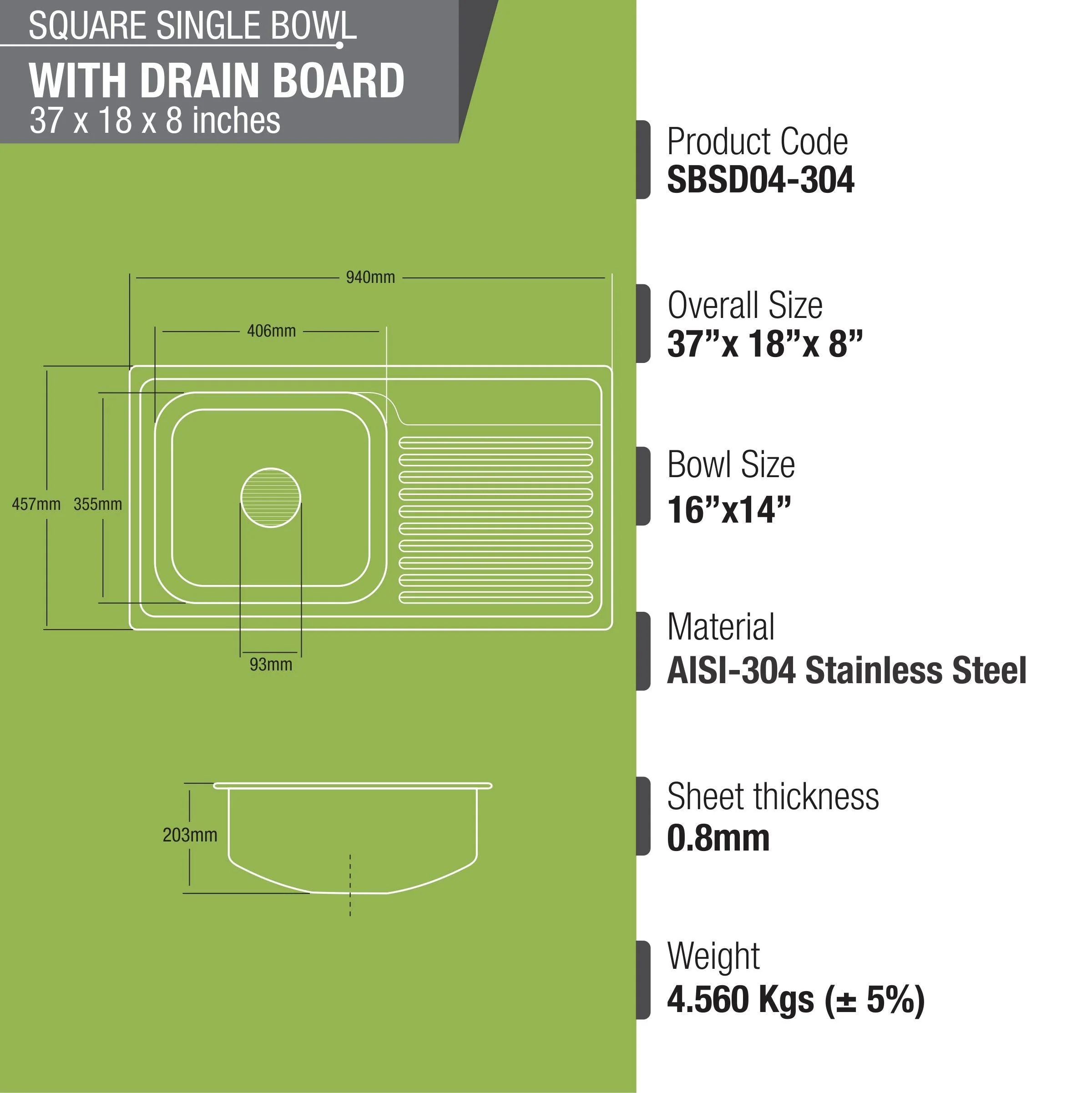 Square Single Bowl 304-Grade Kitchen Sink with Drainboard (37 x 18 x 8 Inches) - LIPKA - Image 3