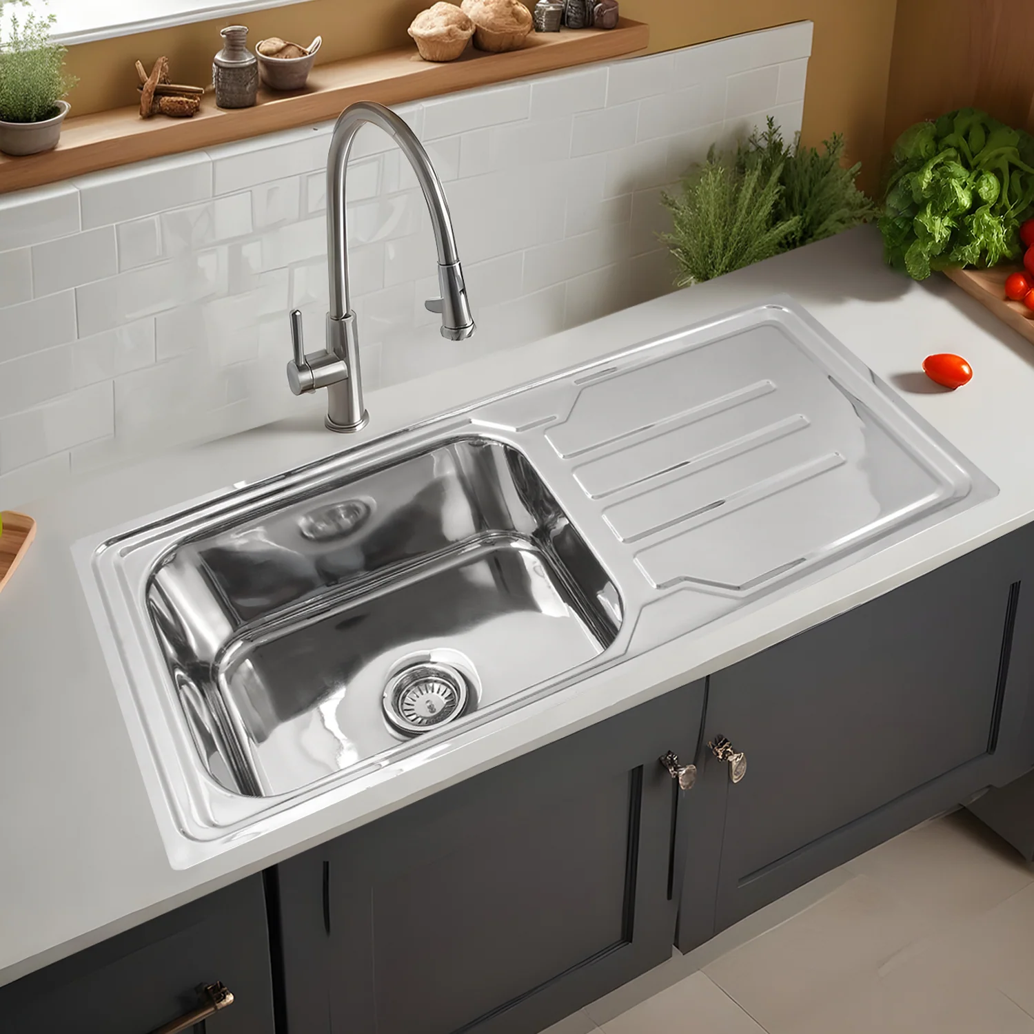 Square Single Bowl 304-Grade Kitchen Sink with Drainboard (42 x 20 x 9 Inches) - LIPKA
