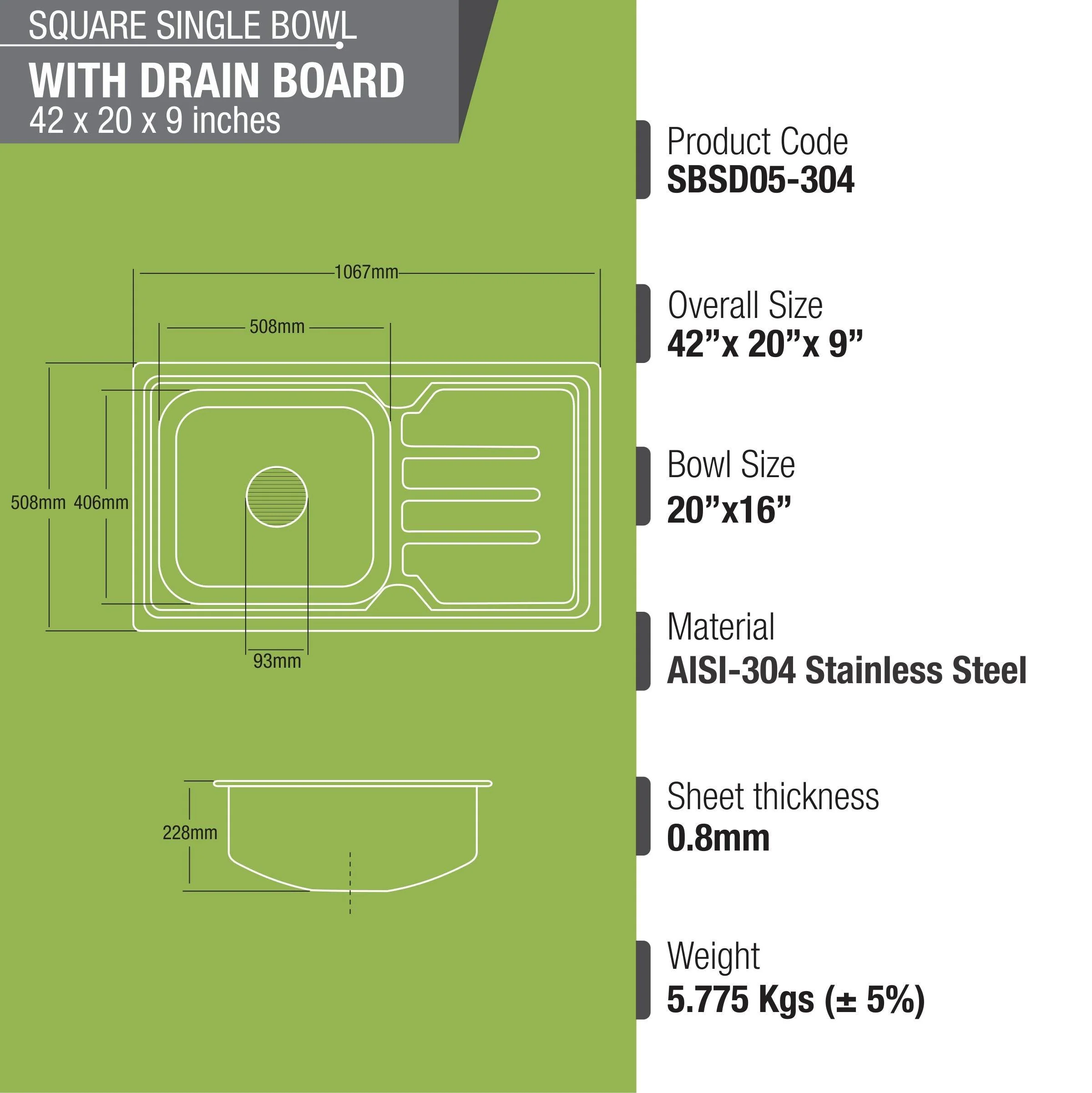 Square Single Bowl 304-Grade Kitchen Sink with Drainboard (42 x 20 x 9 Inches) - LIPKA - Image 3