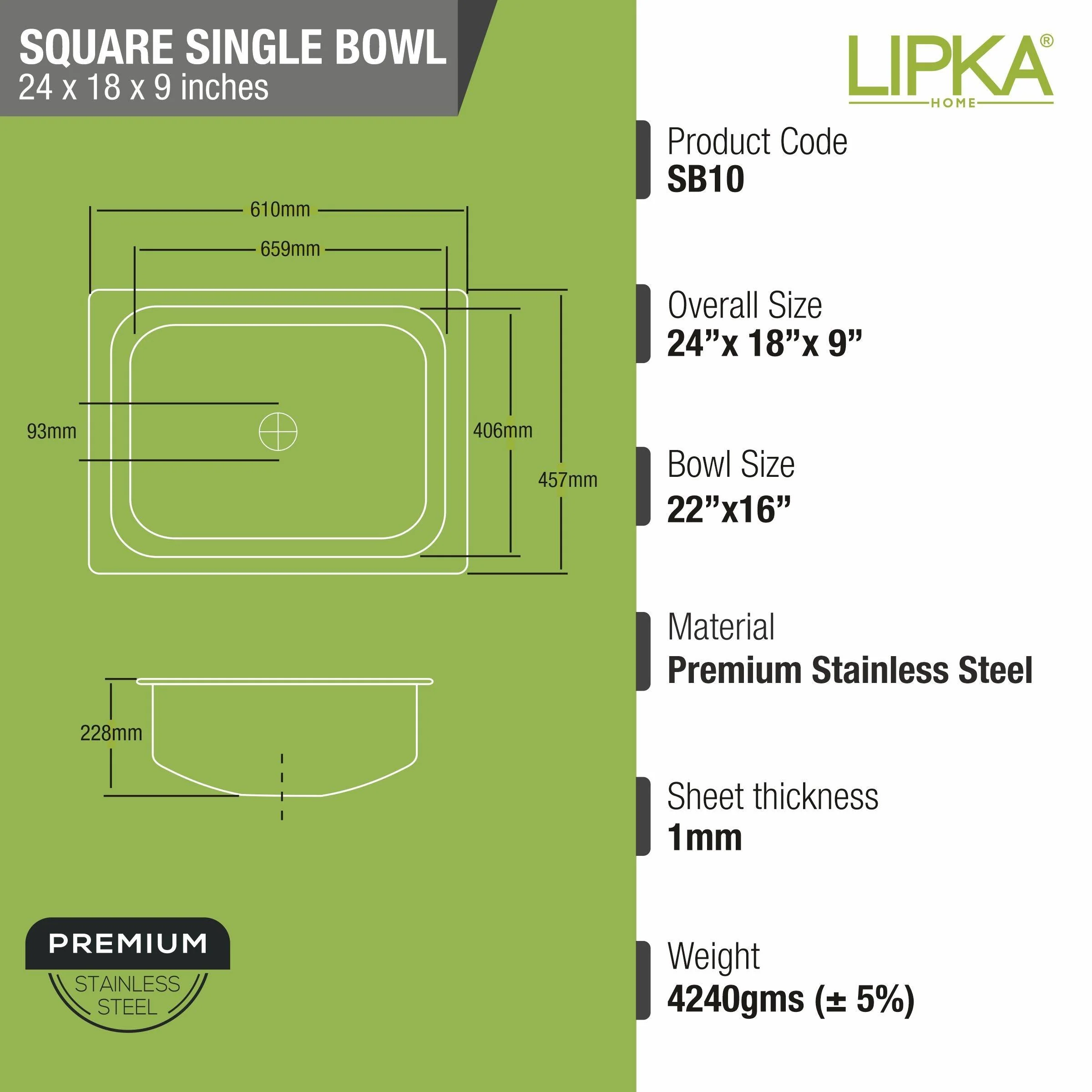 Square Single Bowl Kitchen Sink (24 x 18 x 9 Inches) - LIPKA - Image 2