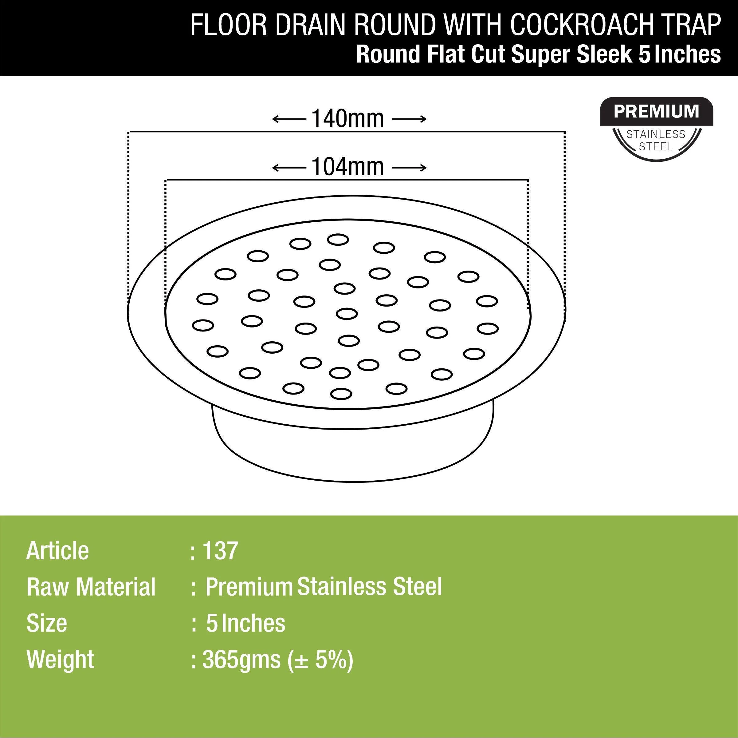Super Sleek Round Flat Cut Floor Drain (5 Inches) with Cockroach Trap - LIPKA - Image 2
