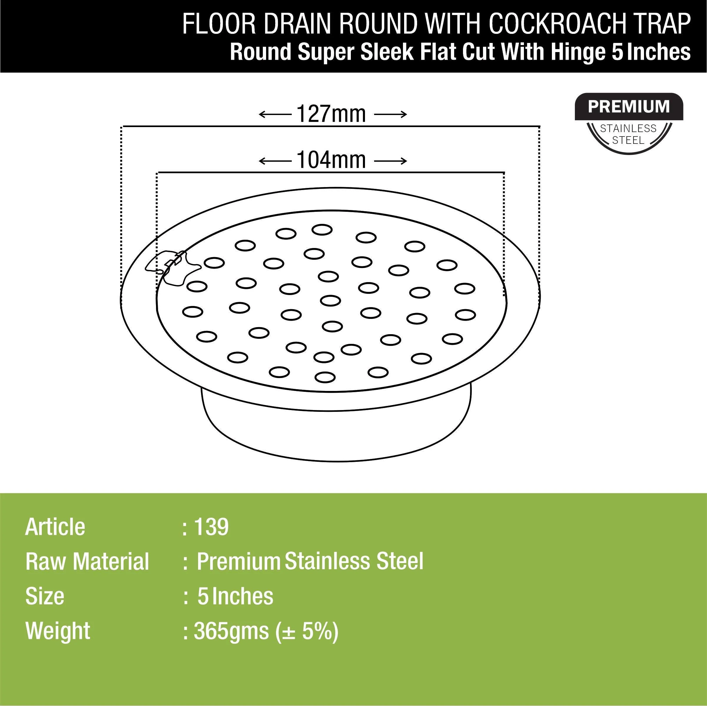 Super Sleek Round Flat Cut Floor Drain (5 Inches) with Hinge and Cockroach Trap - LIPKA - Image 2