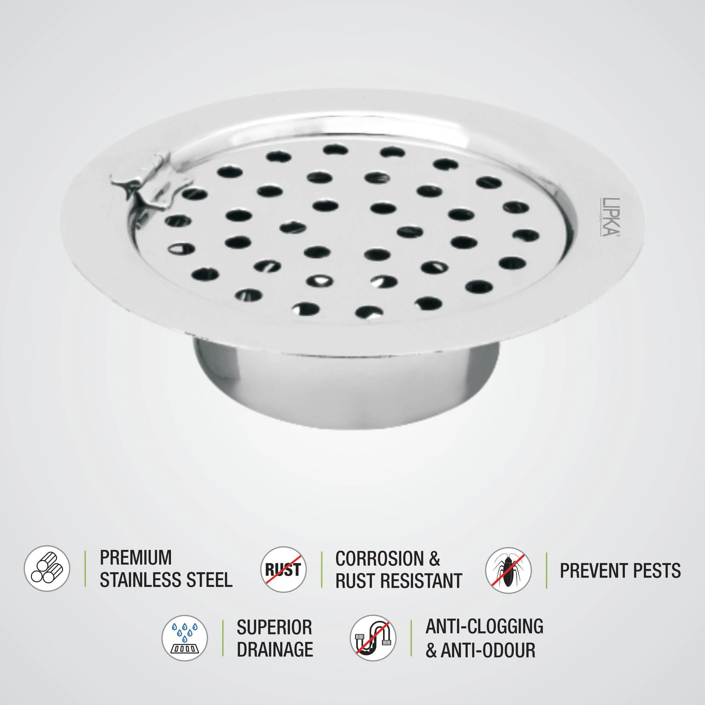 Super Sleek Round Flat Cut Floor Drain (5 Inches) with Hinge and Cockroach Trap - LIPKA - Image 3