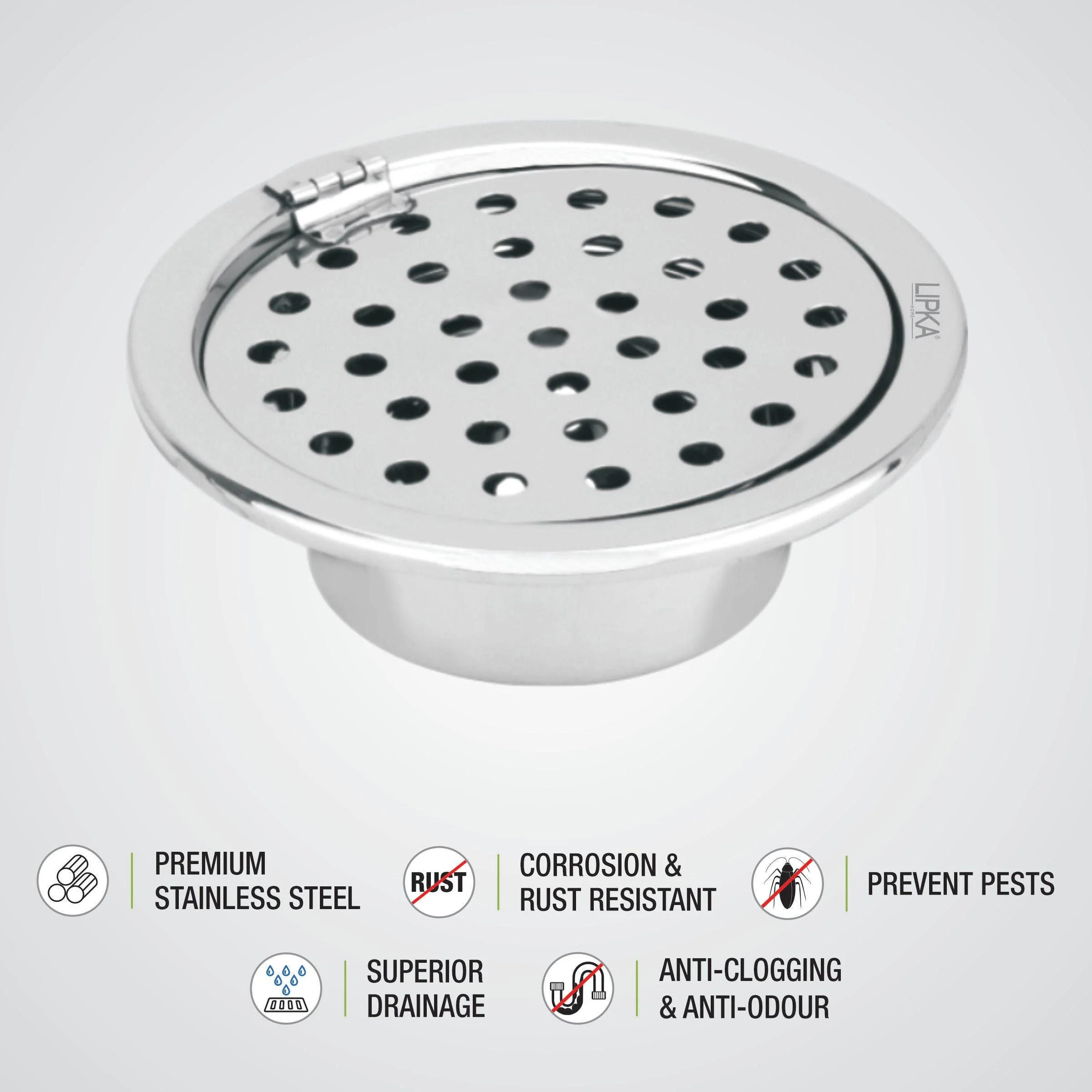 Super Sleek Round Floor Drain (5 inches) with Hinge and Cockroach Trap - LIPKA - Image 3
