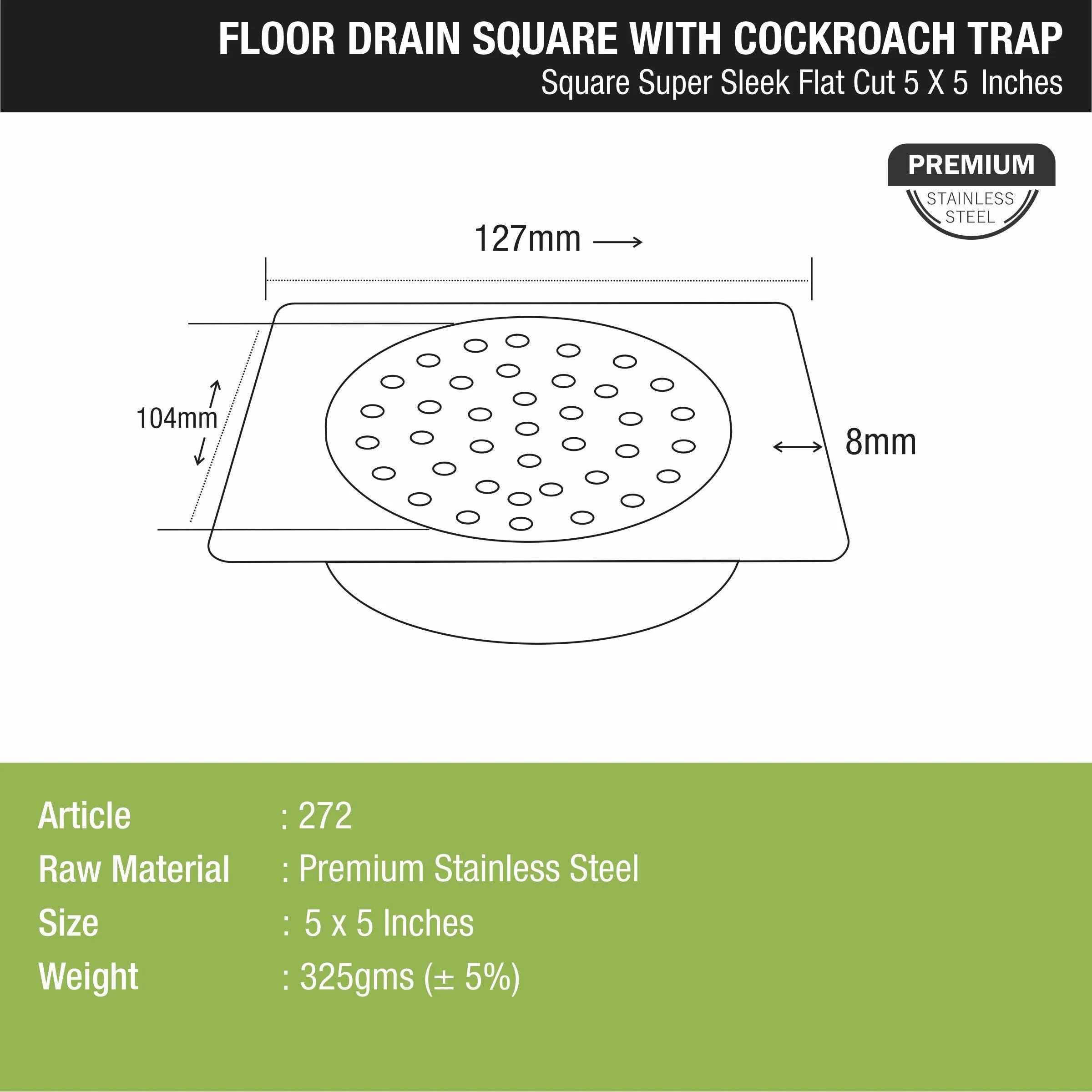 Super Sleek Square Flat Cut Floor Drain (5 x 5 Inches) with Cockroach Trap - LIPKA - Image 2