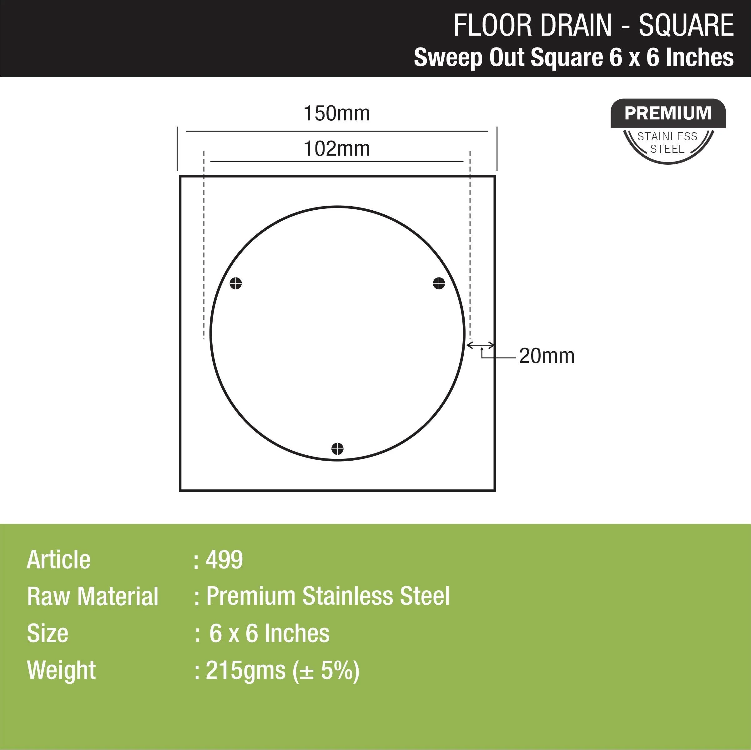 Sweep Out Square Floor Drain (6 x 6 Inches) - LIPKA - Image 2