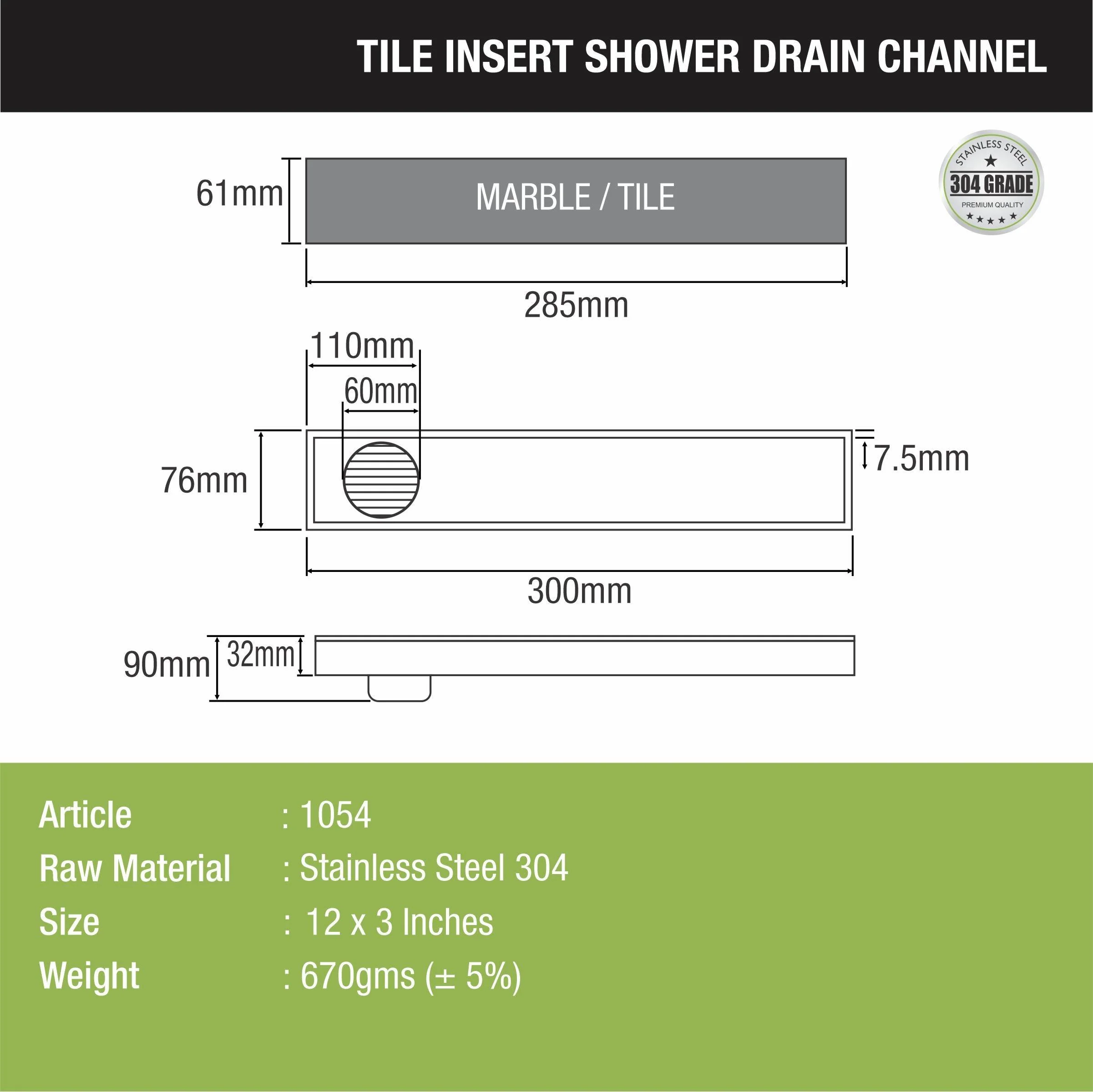 Tile Insert Shower Drain Channel (12 x 3 Inches) - LIPKA - Image 2