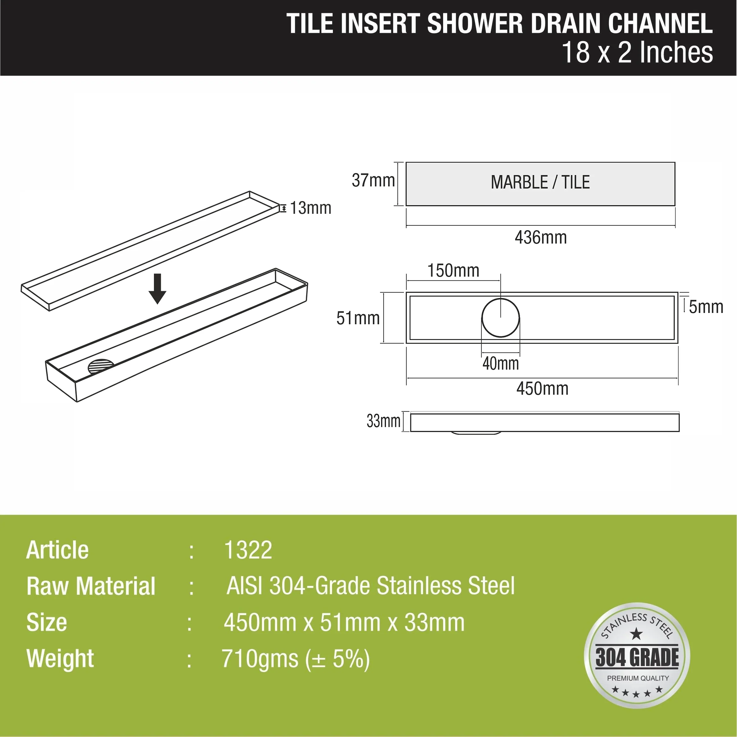 Tile Insert Shower Drain Channel (18 x 2 Inches) - LIPKA - Image 2