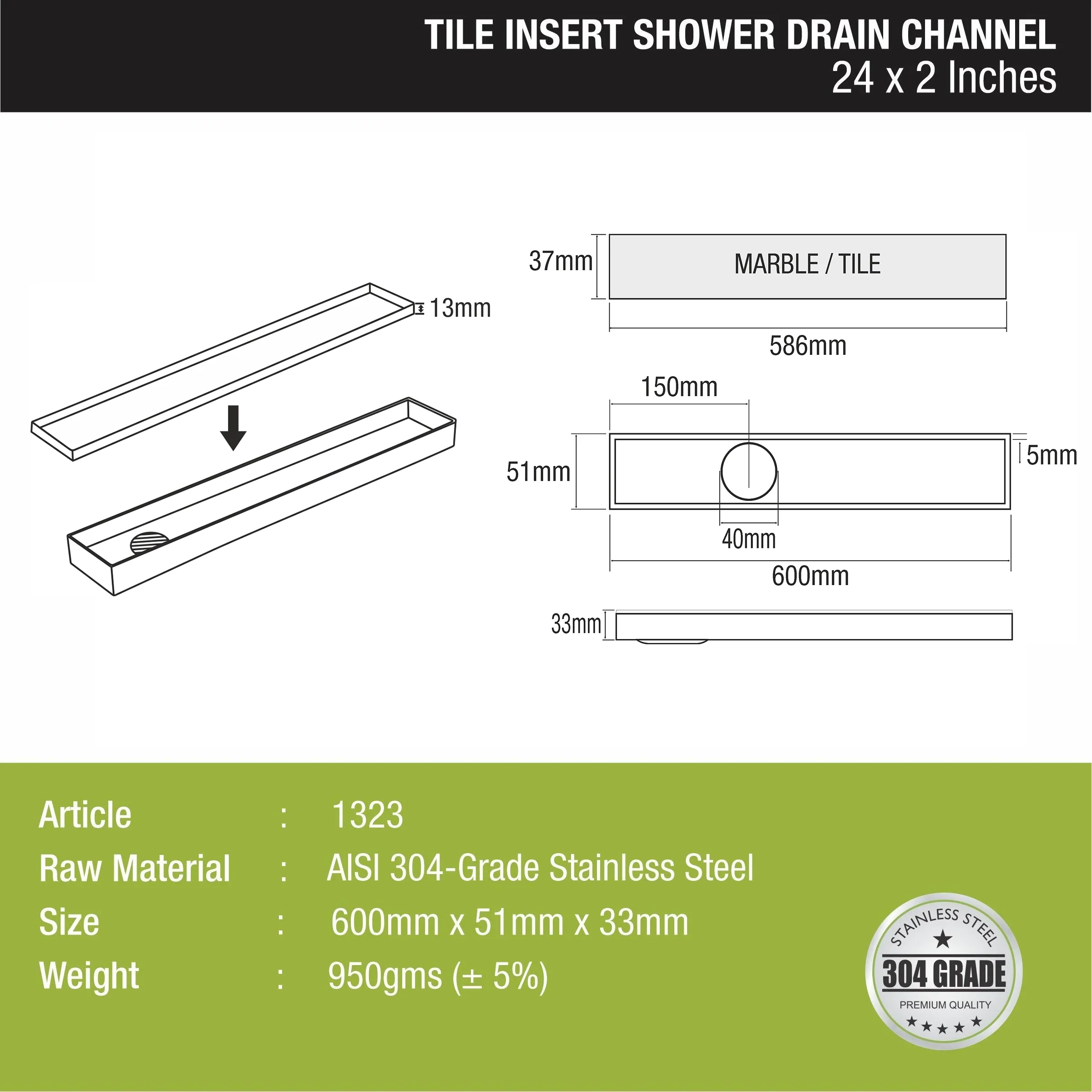 Tile Insert Shower Drain Channel (24 x 2 Inches) - LIPKA - Image 2