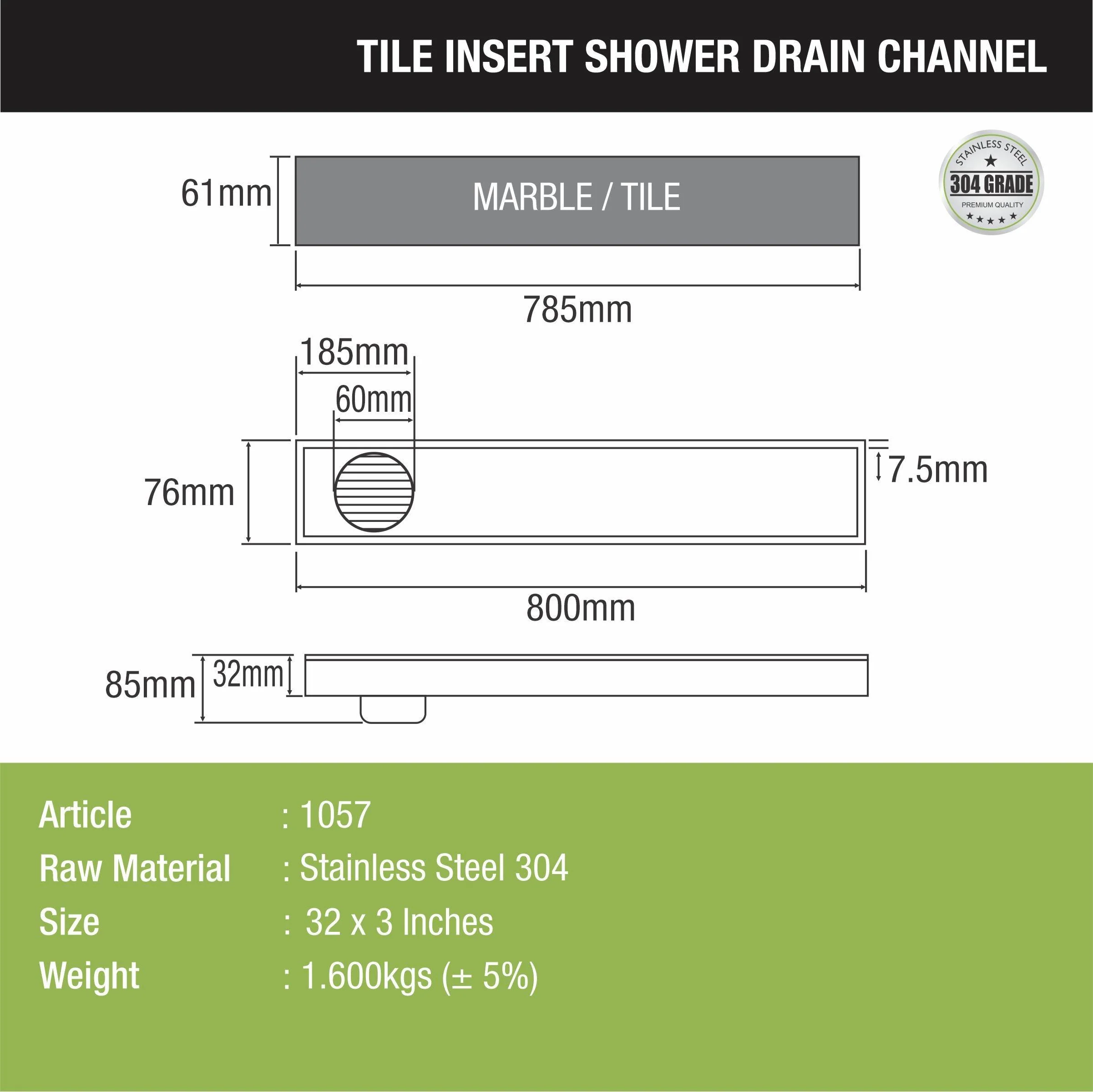 Tile Insert Shower Drain Channel (32 x 3 Inches) - LIPKA - Image 2
