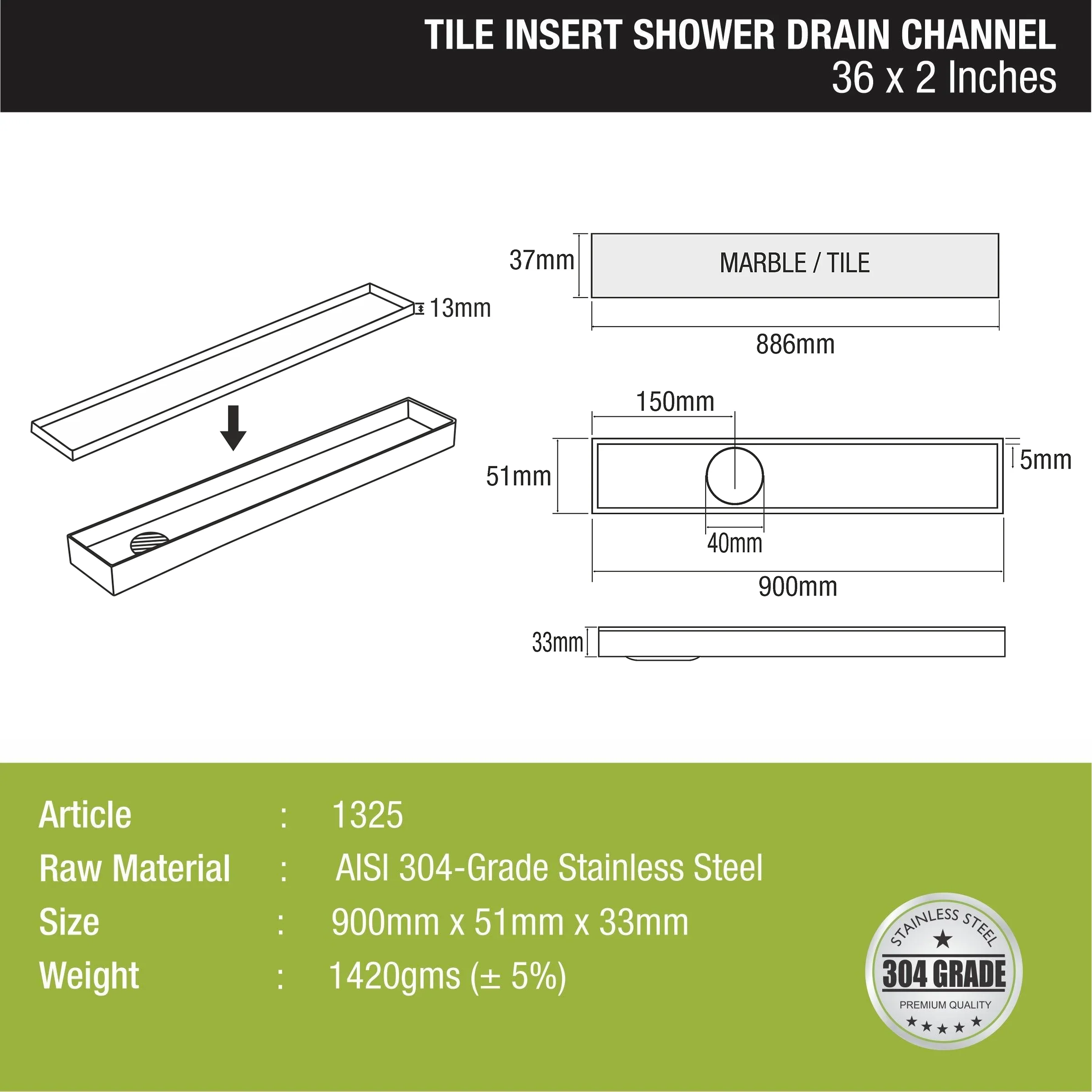 Tile Insert Shower Drain Channel (36 x 2 Inches) - LIPKA - Image 2